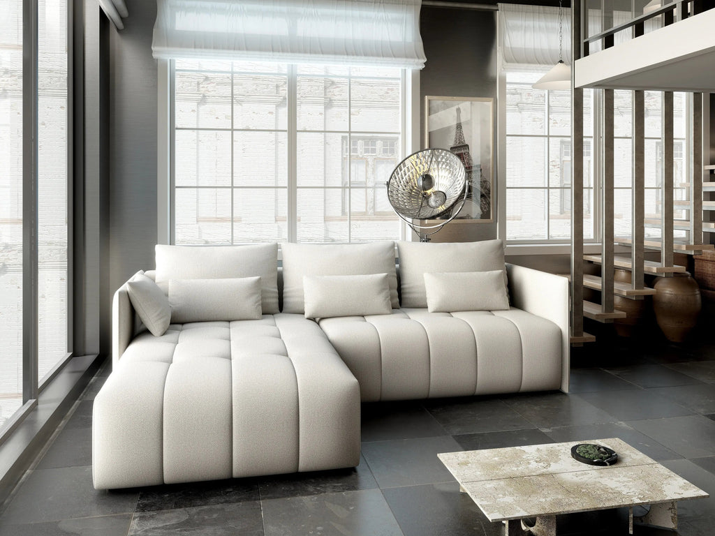 Colțar extensibil dumonde cu ladă de depozitare si sezut confortabil din spuma high-density, Malta Enjoy Beige 235x185 cm
