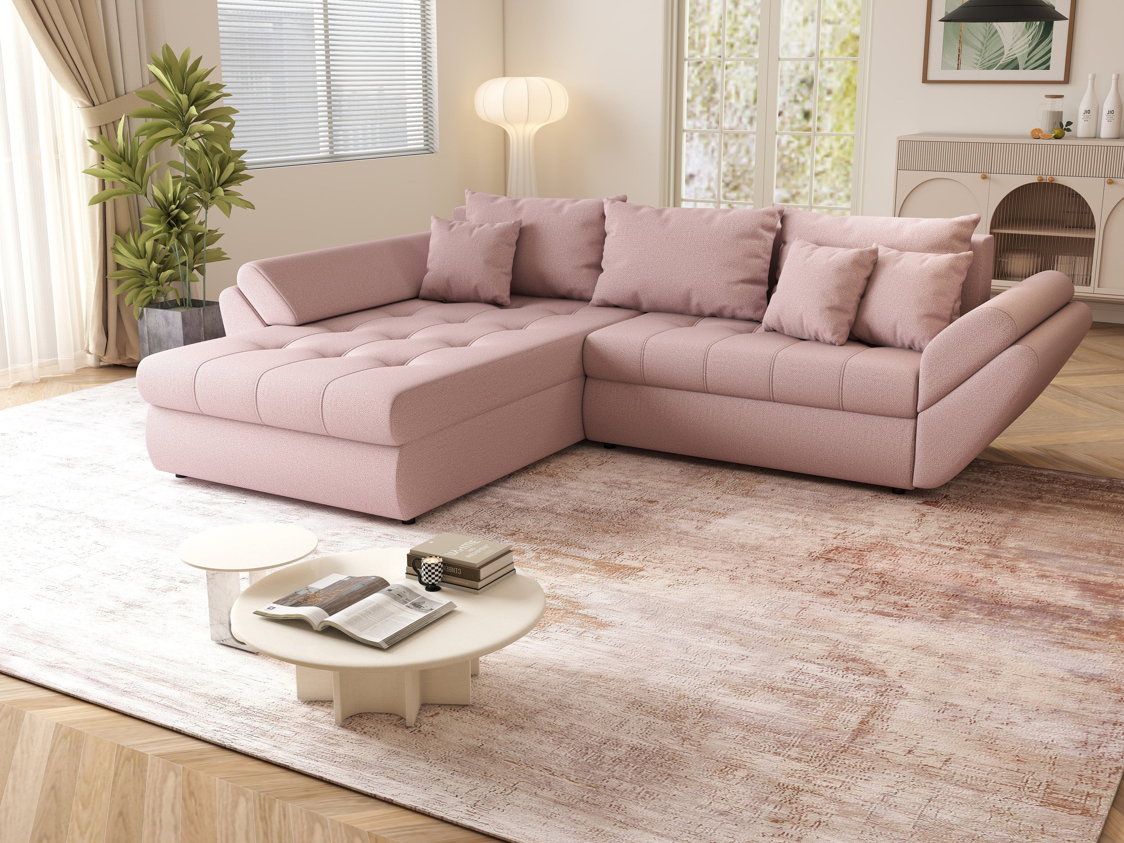 Colțar extensibil dumonde cu ladă de depozitare si sezut confortabil din spuma high-density, Loana Enjoy Flamingo 270x185 cm