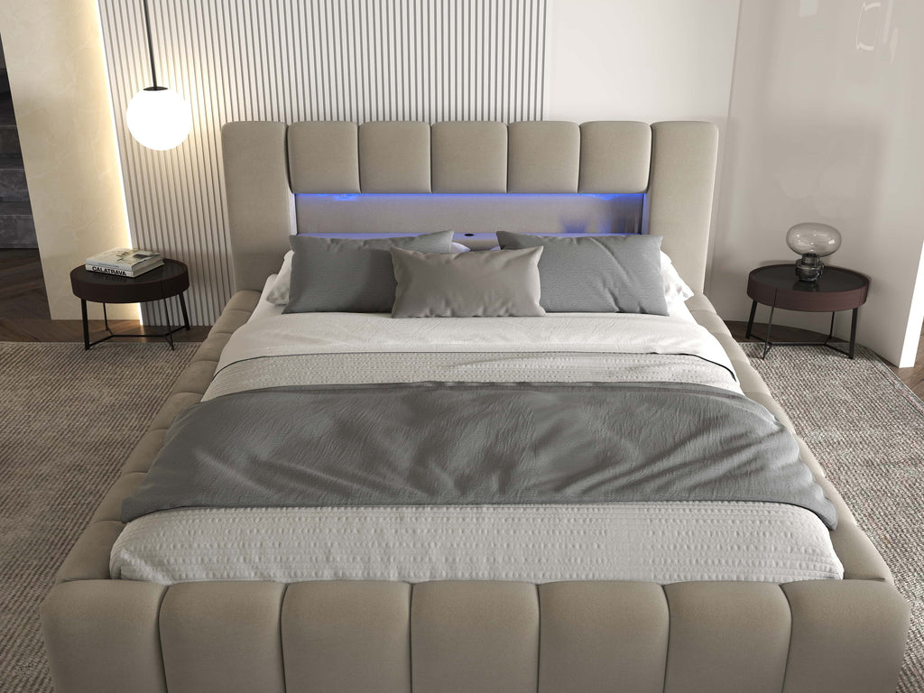 Pat dormitor dumonde, tapitat bej cu LED si USB, Palermo 180x200 cm, somiera rabatabila inclusa, spatiu depozitare
