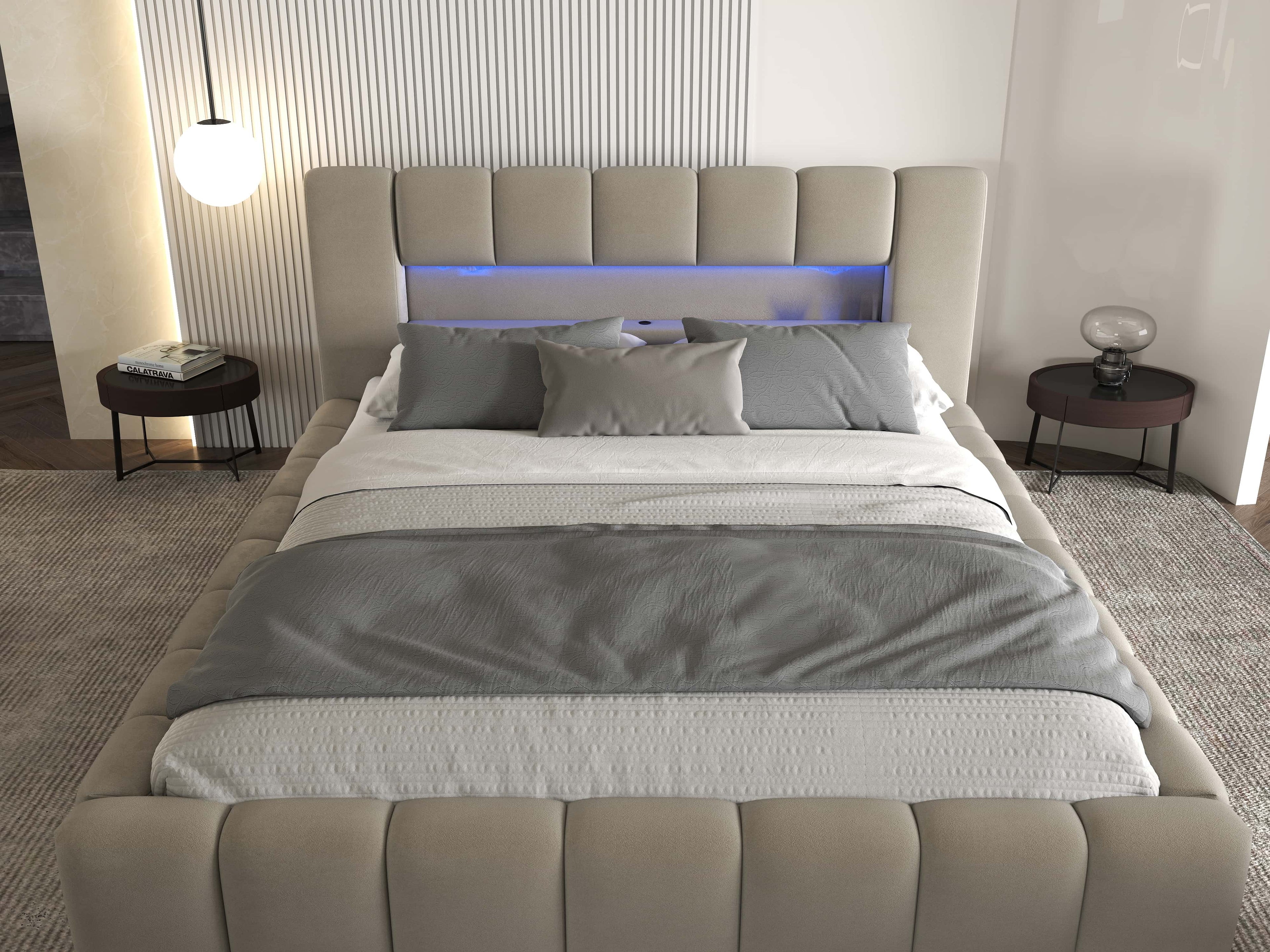 Pat dormitor dumonde, tapitat bej cu LED si USB, Palermo 180x200 cm, somiera rabatabila inclusa, spatiu depozitare