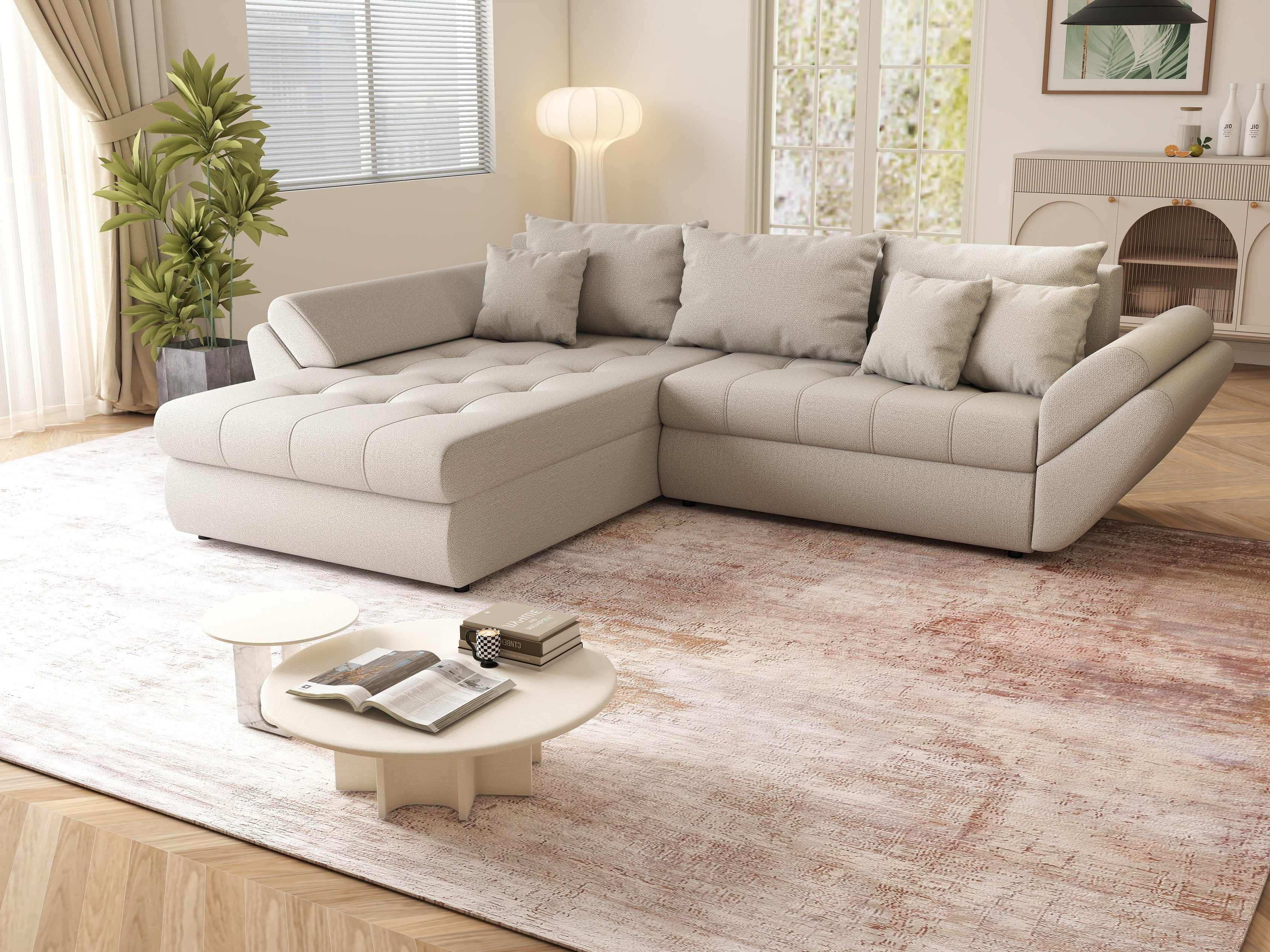 Colțar extensibil dumonde cu ladă de depozitare si sezut confortabil din spuma high-density, Loana Enjoy Bej 270x185 cm