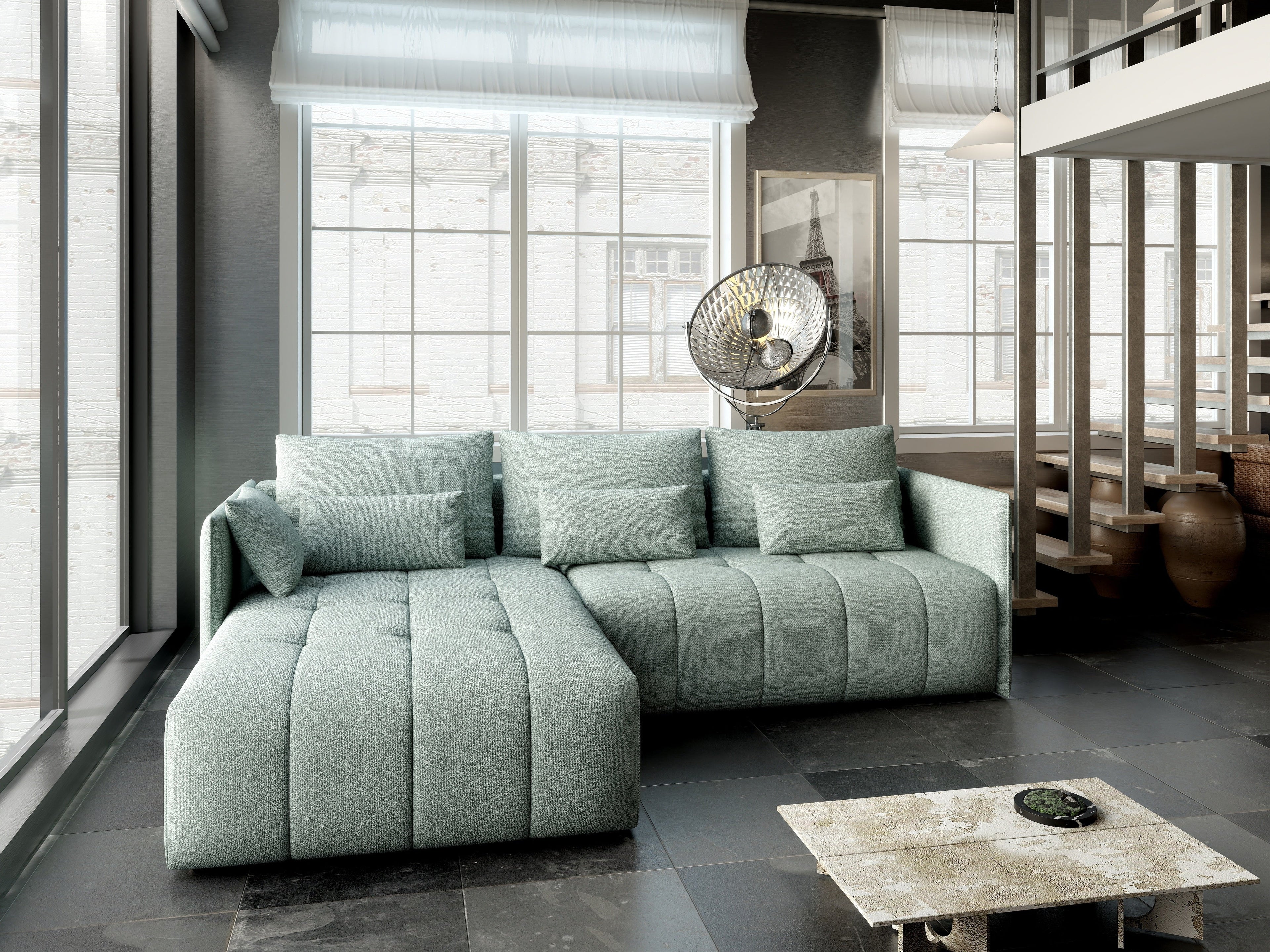 Colțar extensibil dumonde cu ladă de depozitare si sezut confortabil din spuma high-density, Malta Enjoy Mint 235x185 cm