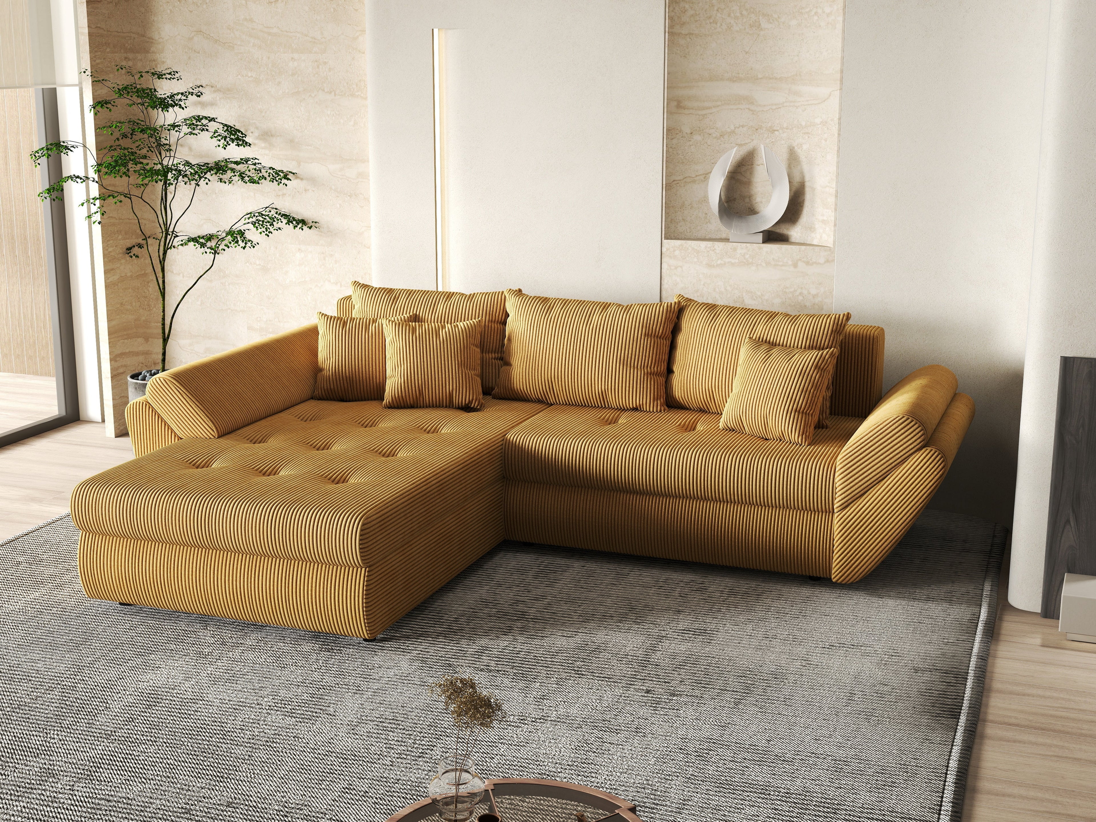 Colțar extensibil dumonde cu ladă de depozitare si sezut confortabil din spuma high-density, Loana Zoom Mustar 270x185 cm