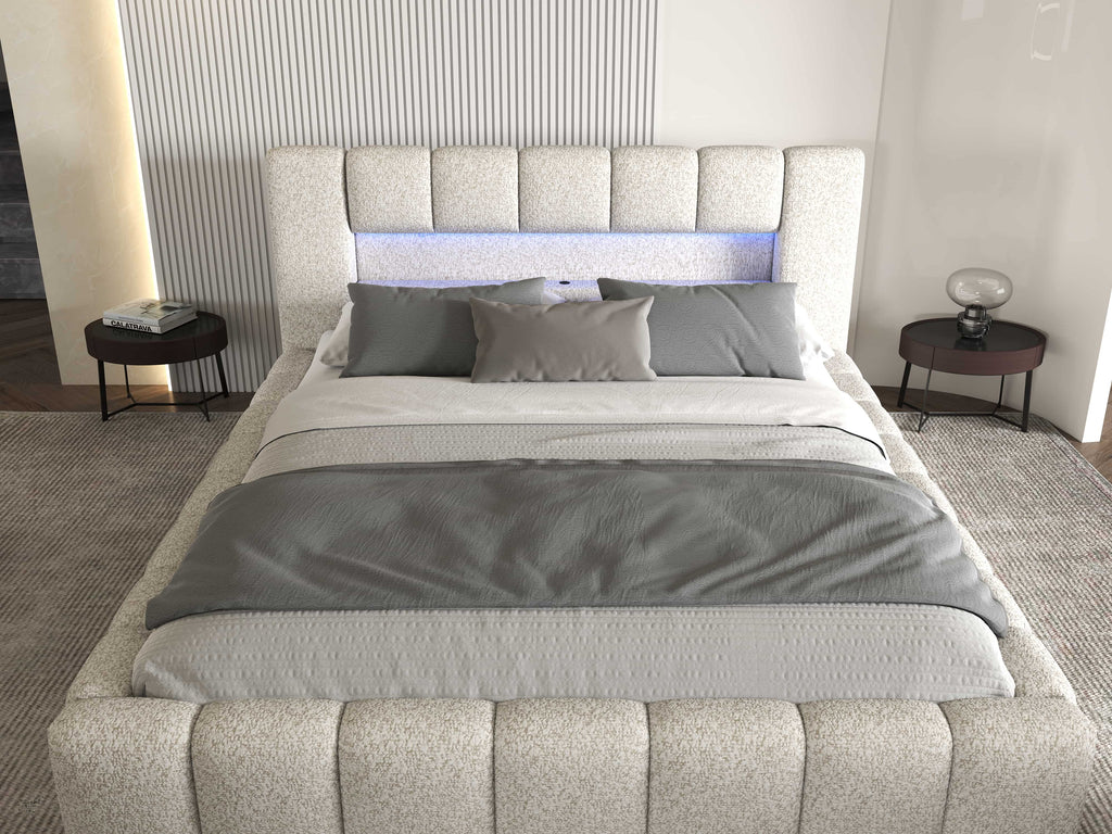 Pat dormitor dumonde, tapitat alb cu LED si USB, Palermo 180x200 cm, somiera rabatabila inclusa, spatiu depozitare