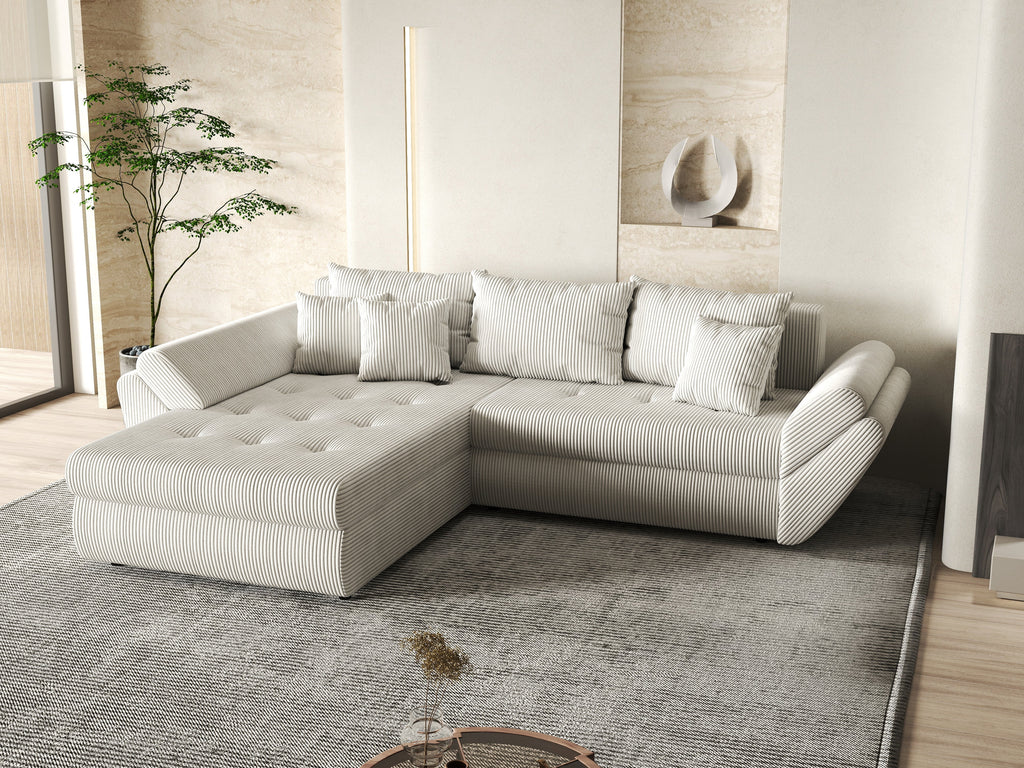 Colțar extensibil dumonde cu ladă de depozitare si sezut confortabil din spuma high-density, Loana Zoom Crem 270x185 cm