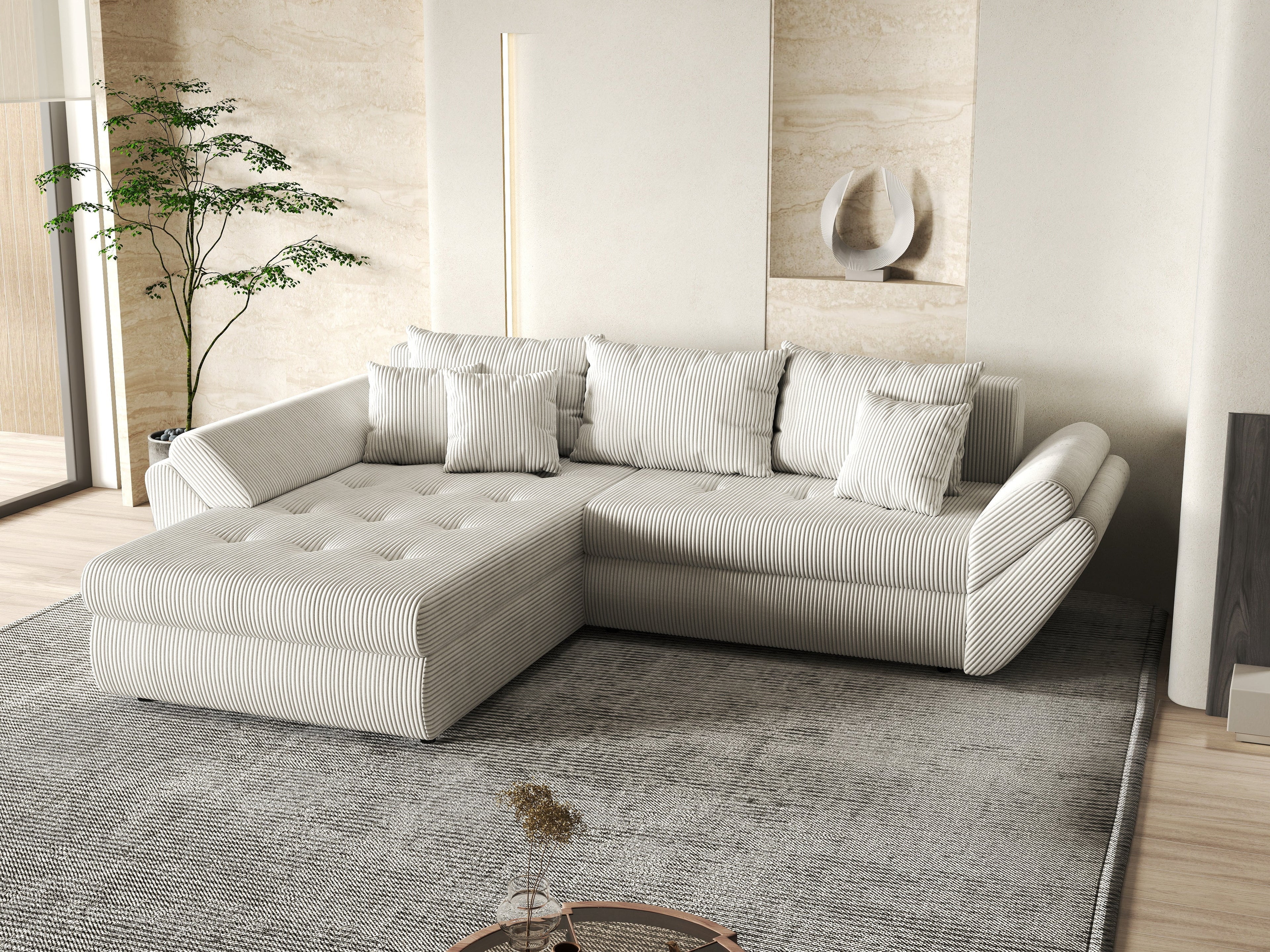 Colțar extensibil dumonde cu ladă de depozitare si sezut confortabil din spuma high-density, Loana Zoom Crem 270x185 cm