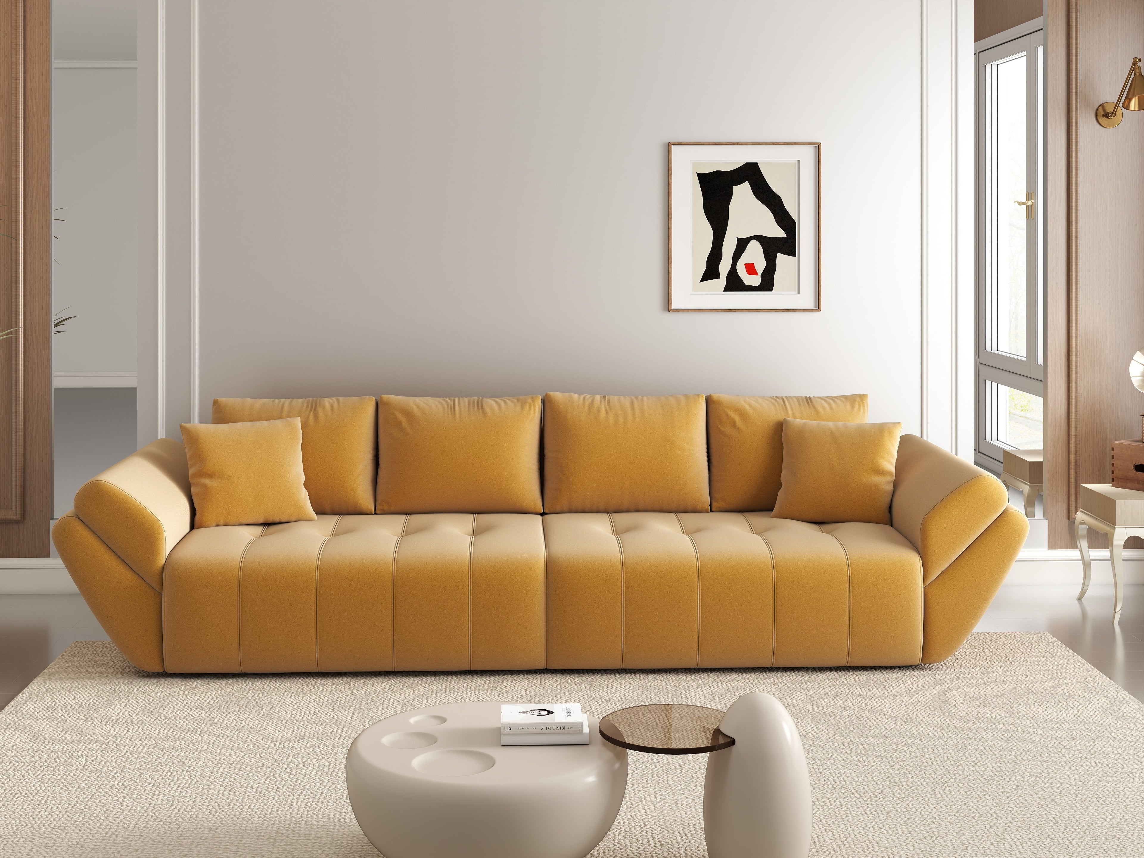 Canapea extensibilă dumonde cu ladă de depozitare si sezut confortabil din spuma high-density, Berlin Royal Mustar 300x100 cm