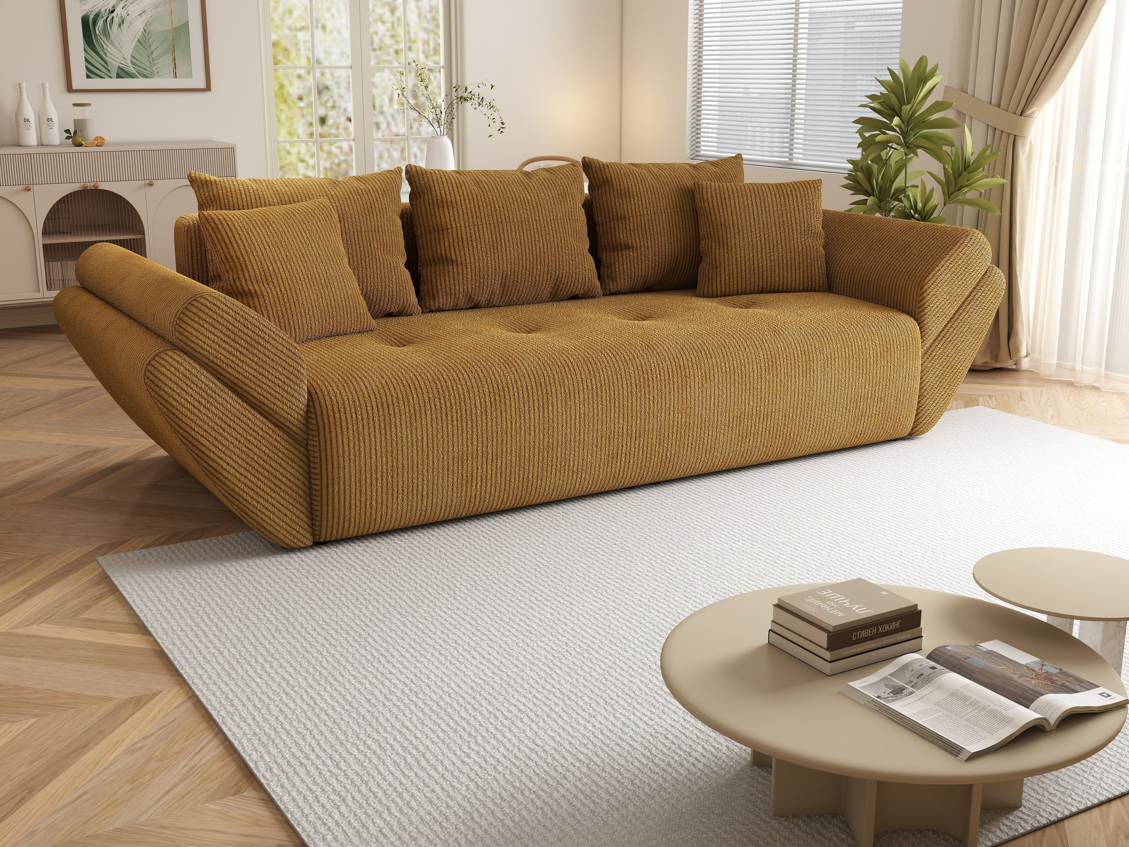 Canapea extensibilă dumonde cu ladă de depozitare si sezut confortabil din spuma high-density, Berlin Zoom Mustar 250x100 cm