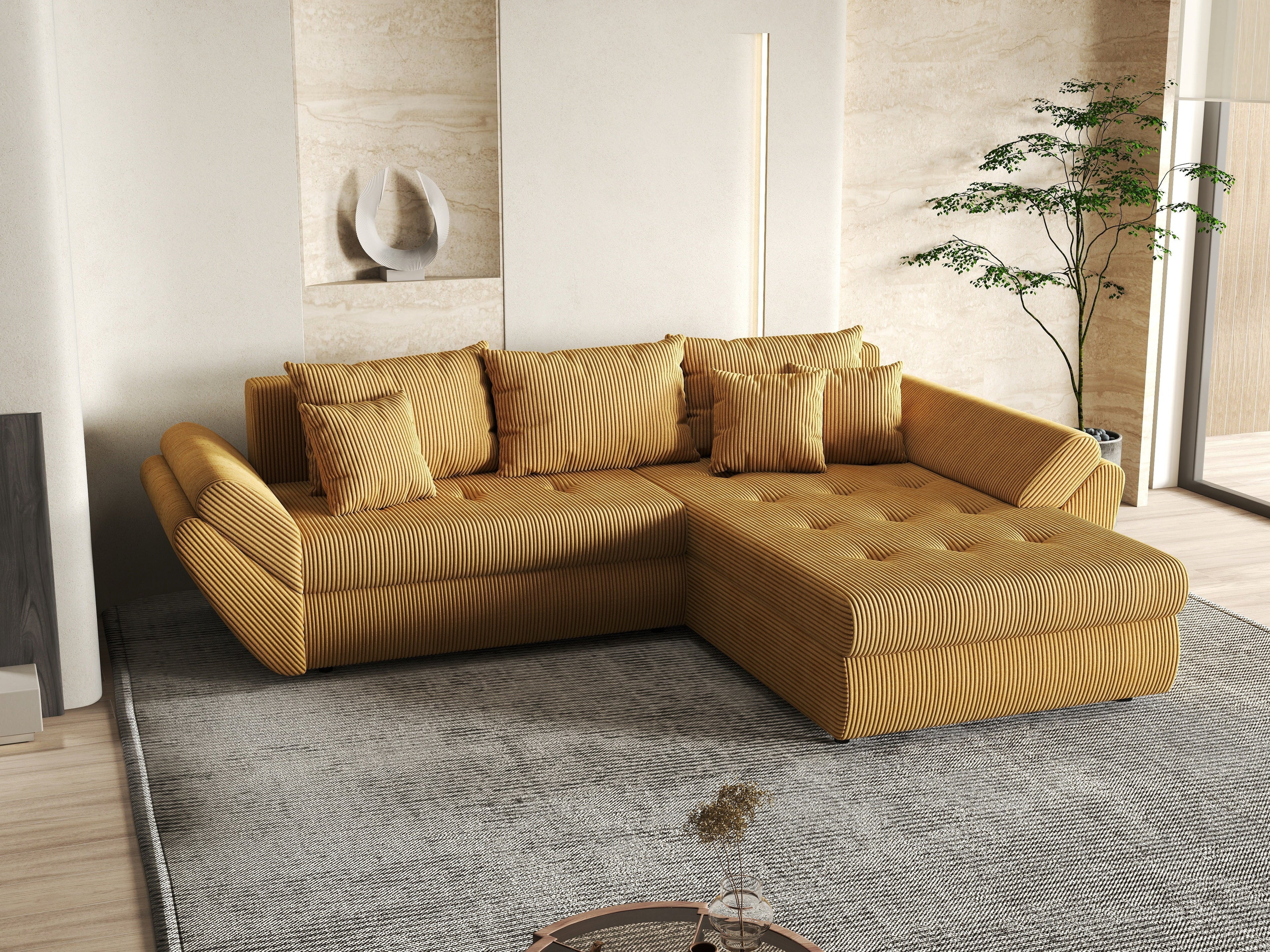 Colțar extensibil dumonde cu ladă de depozitare si sezut confortabil din spuma high-density, Loana Zoom Mustar II 270x185 cm