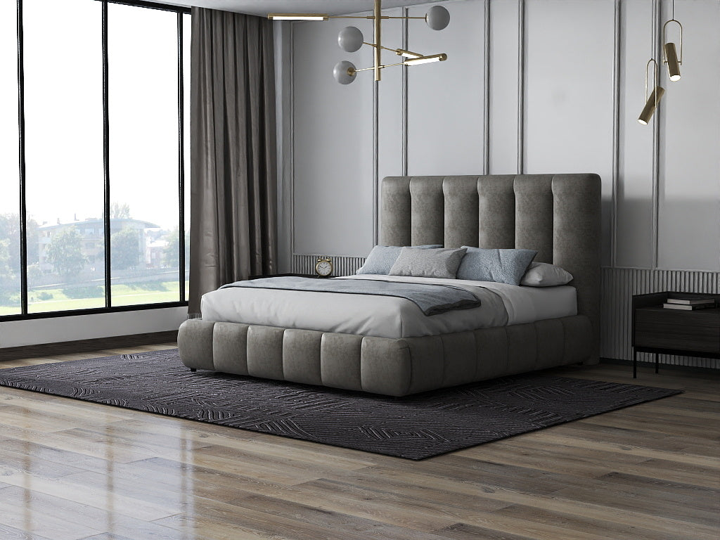 Pat dormitor dumonde, tapitat bej, Divaneo 160x200 cm, somiera rabatabila inclusa, spatiu depozitare