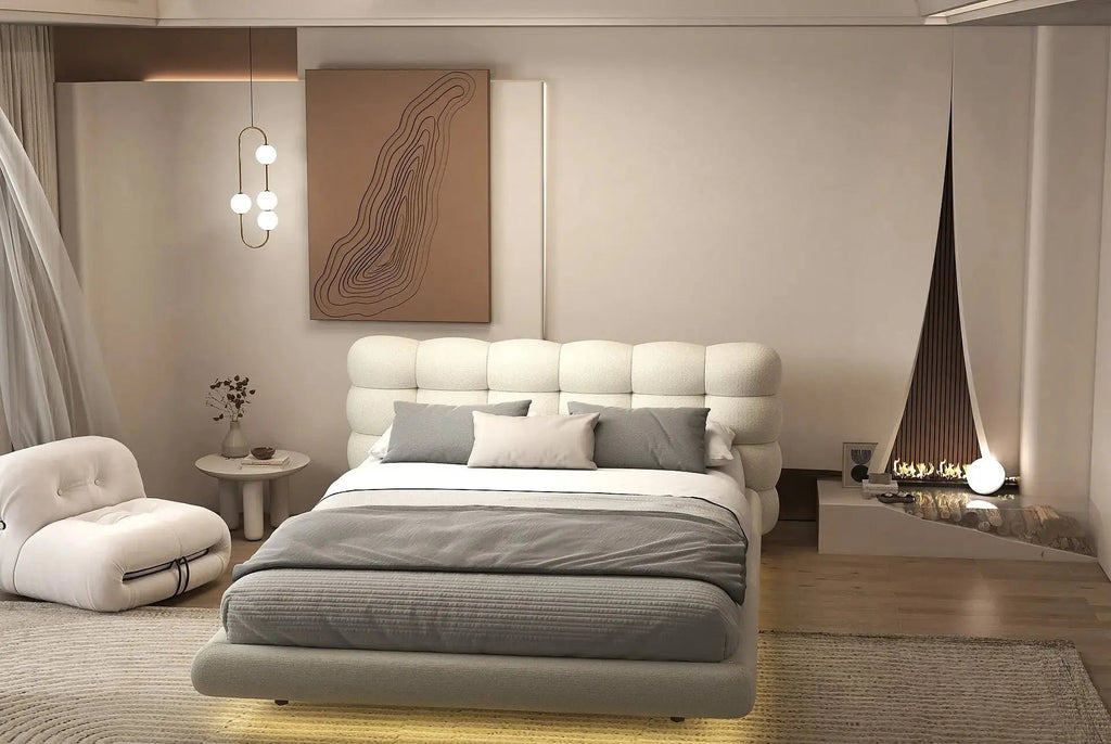 Pat dormitor dumonde, tapitat gri cu LED, "floating bed" Cloud 180x200 cm, somiera inclusa