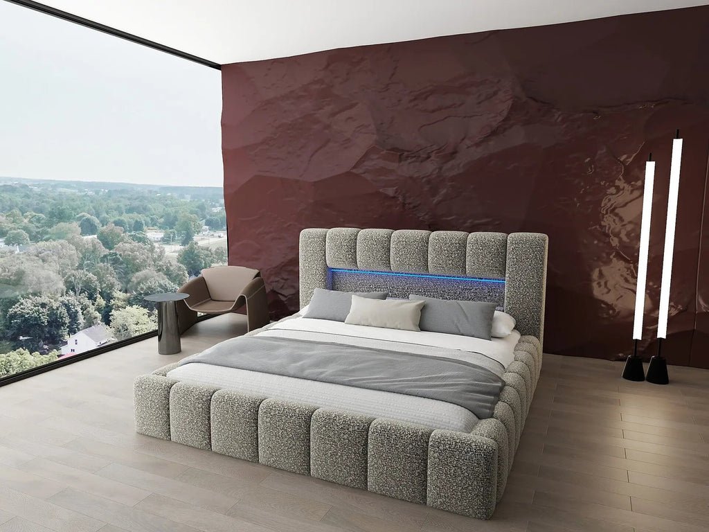 Pat dormitor dumonde, tapitat bej cu LED si USB, Palermo 160x200 cm, somiera rabatabila inclusa, spatiu depozitare