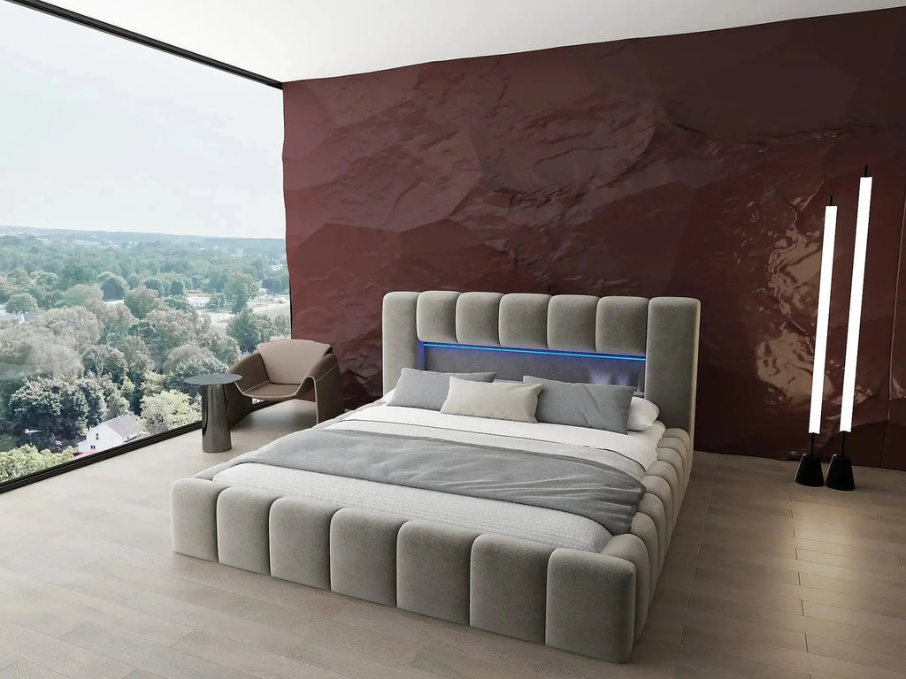Pat dormitor dumonde, tapitat bej cu LED si USB, Palermo 160x200 cm, somiera rabatabila inclusa, spatiu depozitare