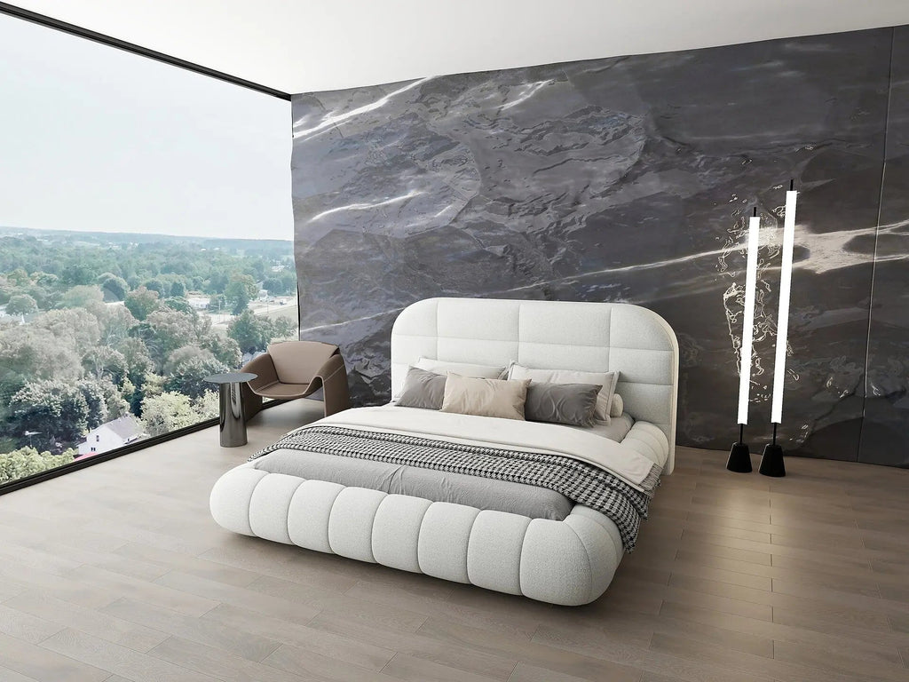 Pat dormitor dumonde, tapitat alb, Senso 160x200 cm, somiera rabatabila inclusa, spatiu depozitare