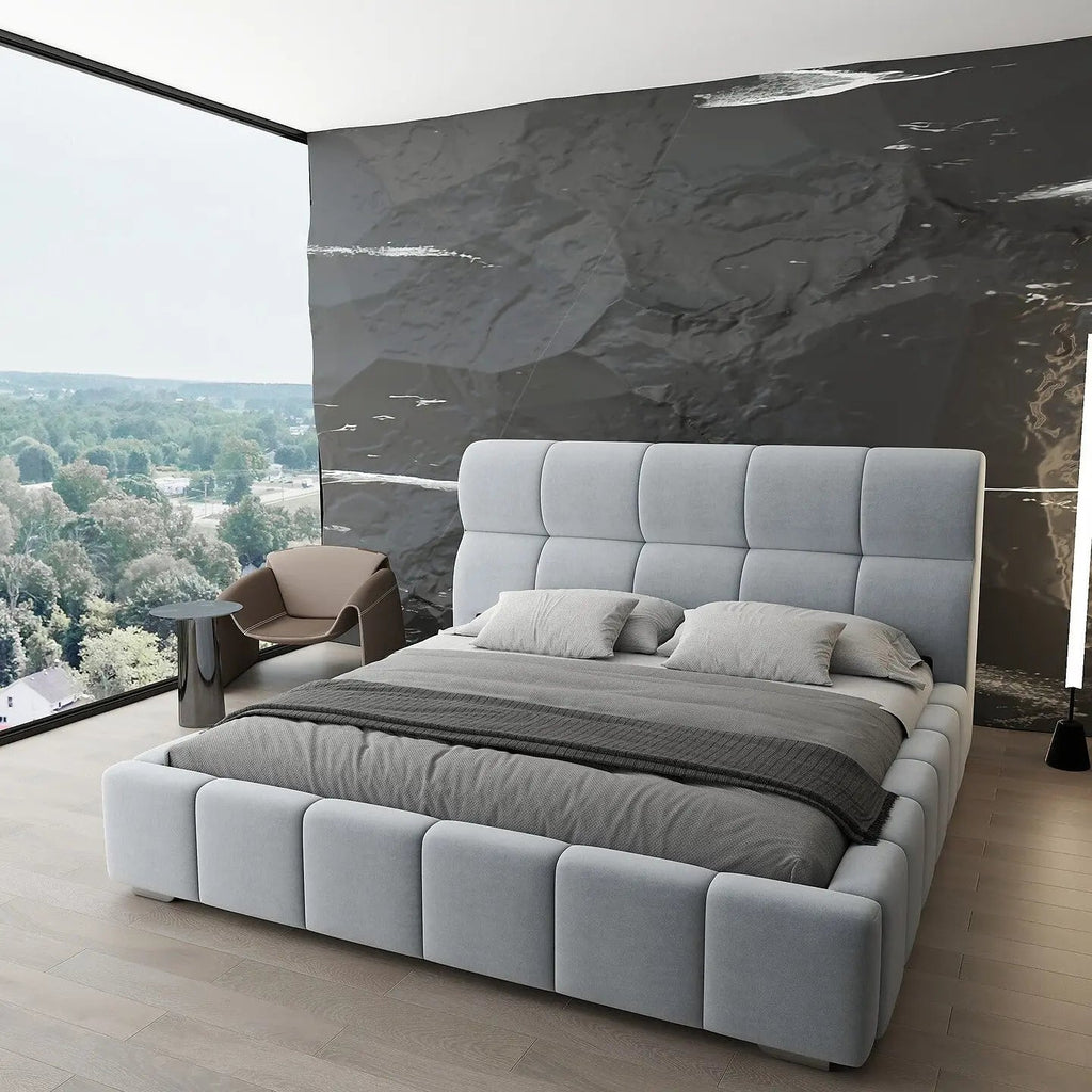 Pat dormitor dumonde, tapitat gri, Prestige 160x200 cm, somiera rabatabila inclusa, spatiu depozitare