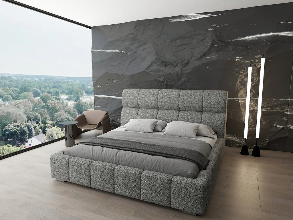Pat dormitor dumonde, tapitat grey, Prestige 180x200 cm, somiera rabatabila inclusa, spatiu depozitare