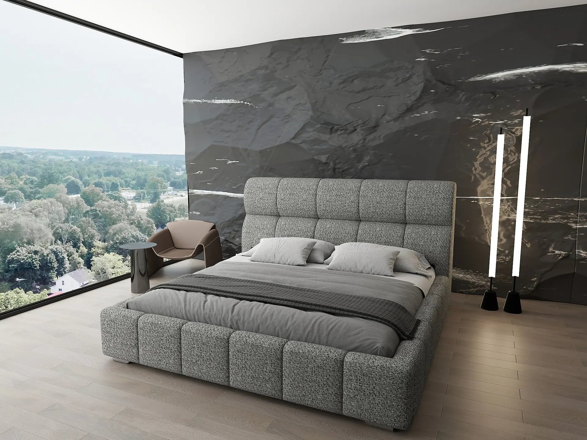 Pat dormitor dumonde, tapitat grey, Prestige 180x200 cm, somiera rabatabila inclusa, spatiu depozitare