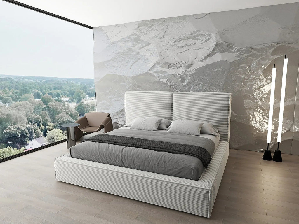 Pat dormitor dumonde, tapitat bej, Dreamer 160x200 cm, somiera rabatabila inclusa, spatiu depozitare