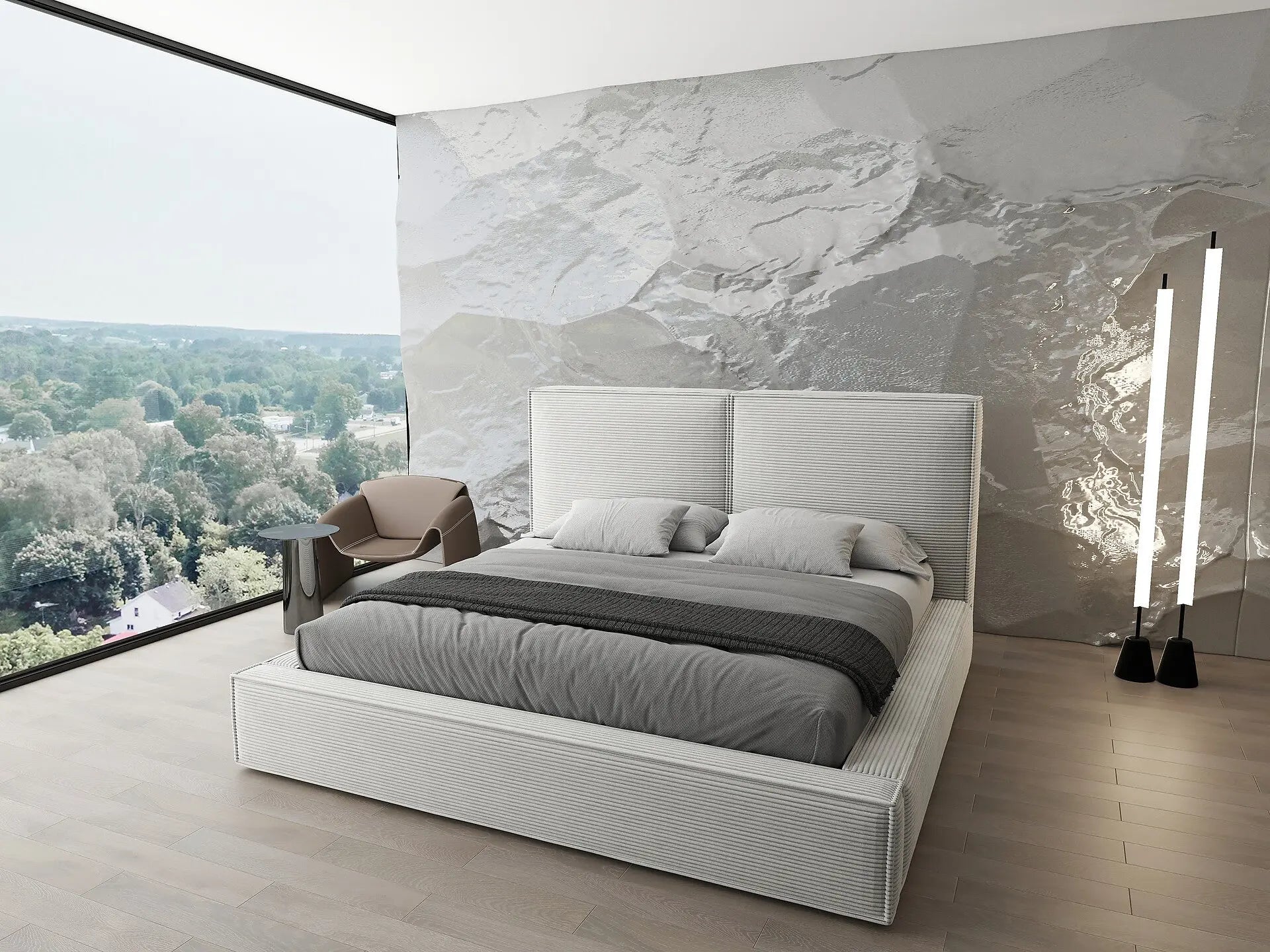 Pat dormitor dumonde, tapitat bej, Dreamer 160x200 cm, somiera rabatabila inclusa, spatiu depozitare