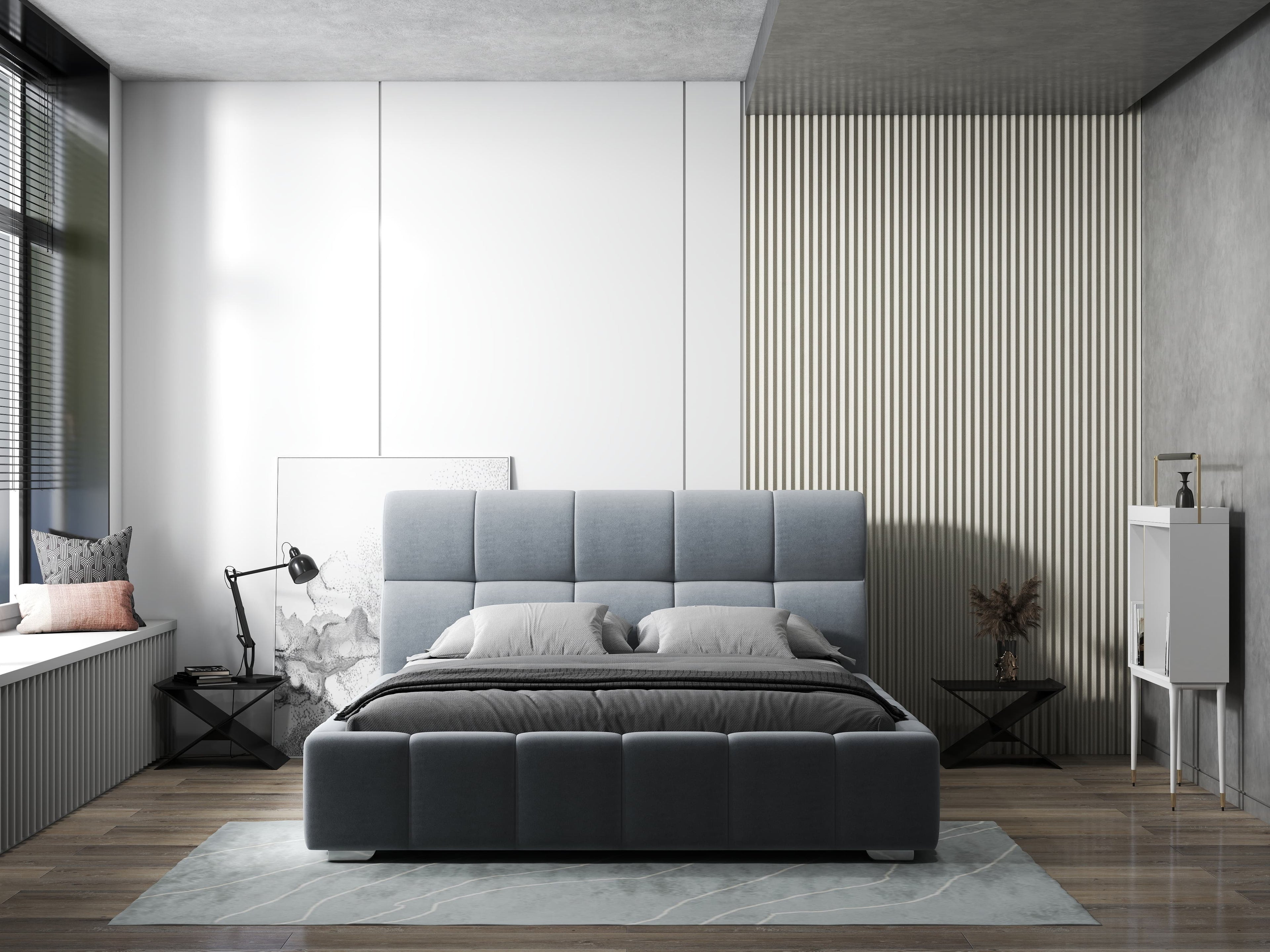 Pat dormitor dumonde, tapitat gri, Prestige 160x200 cm, somiera rabatabila inclusa, spatiu depozitare