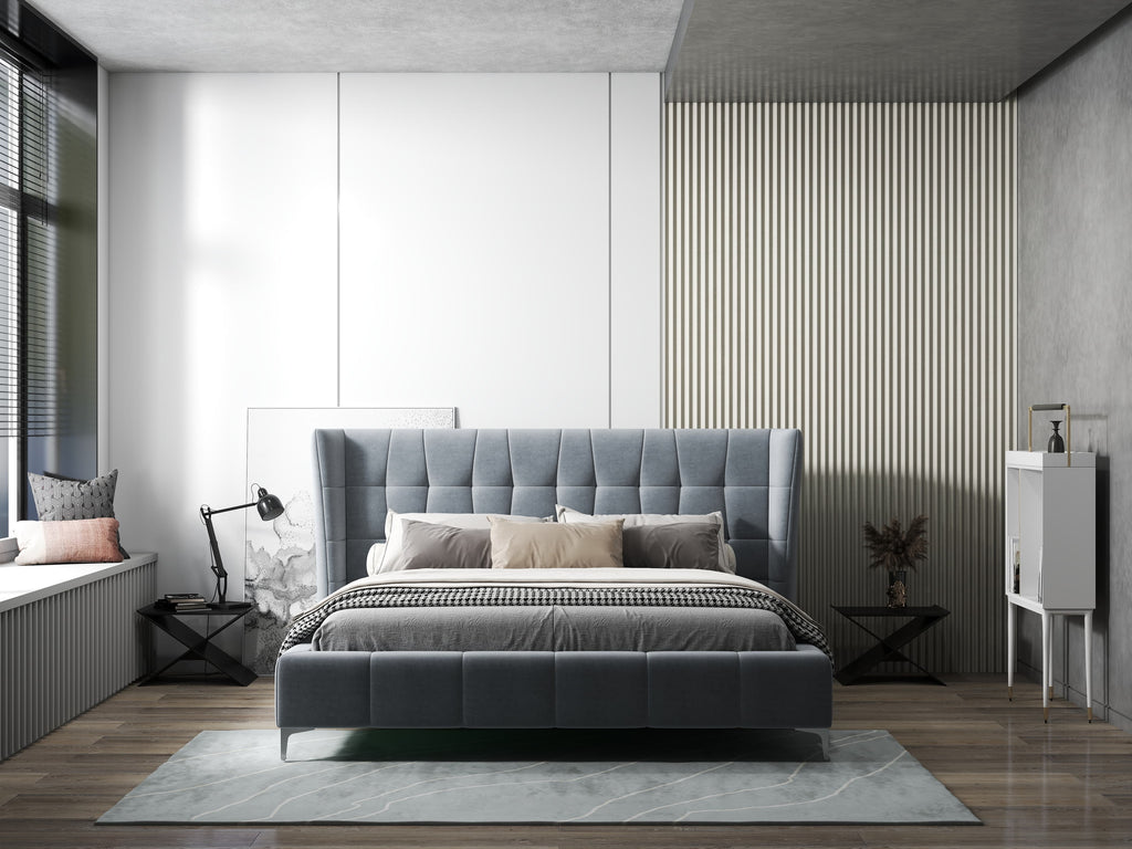 Pat dormitor dumonde, tapitat gri, Bellagio 160x200 cm, somiera fixa inclusa