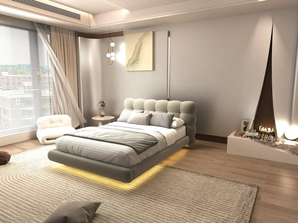 Pat dormitor dumonde, tapitat bej cu LED, "floating bed" Cloud 160x200 cm, somiera inclusa