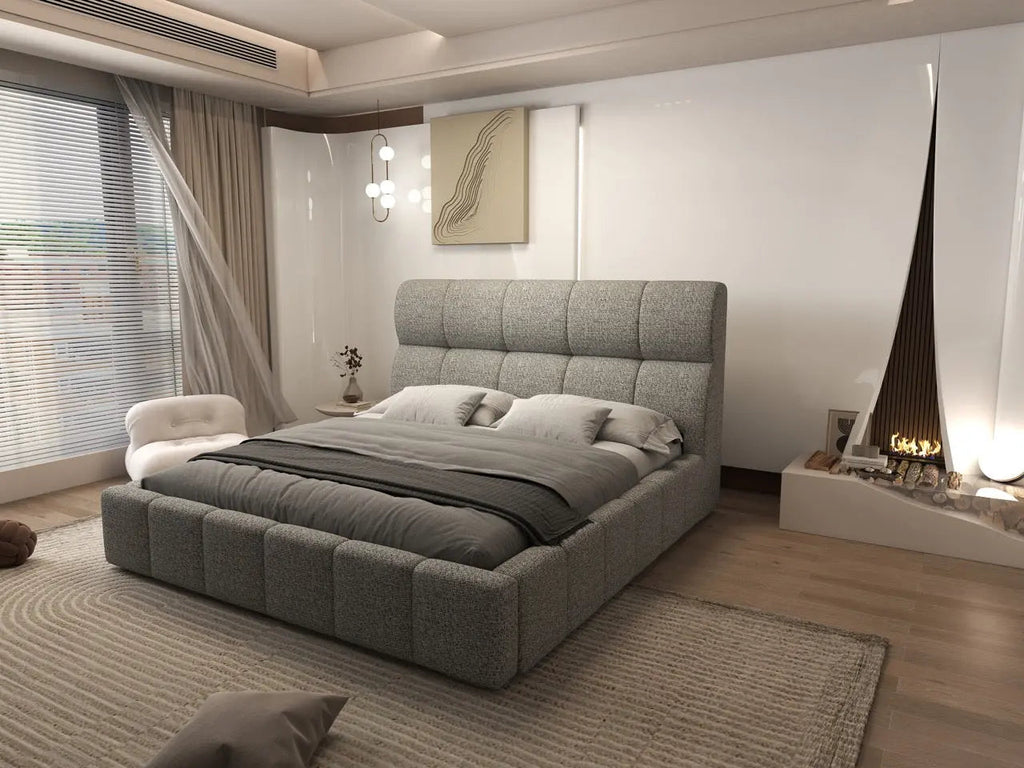 Pat dormitor dumonde, tapitat bej, Prestige 180x200 cm, somiera rabatabila inclusa, spatiu depozitare