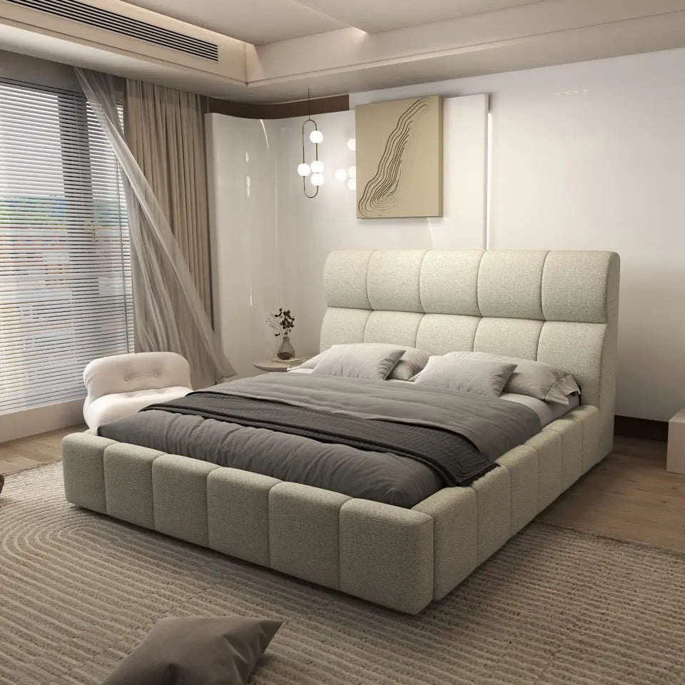 Pat dormitor dumonde, tapitat bej, Prestige 180x200 cm, somiera rabatabila inclusa, spatiu depozitare