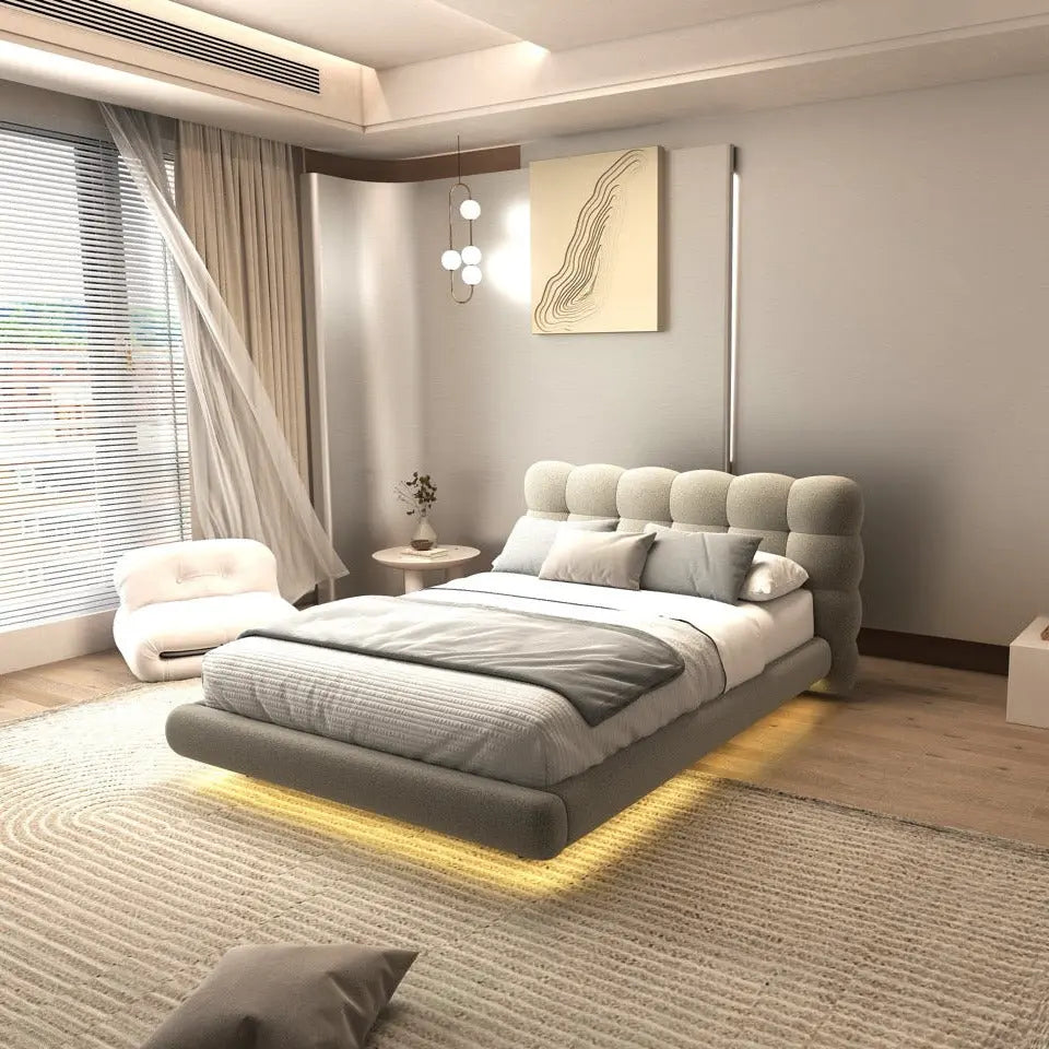 Pat dormitor dumonde, tapitat bej cu LED, "floating bed" Cloud 160x200 cm, somiera inclusa
