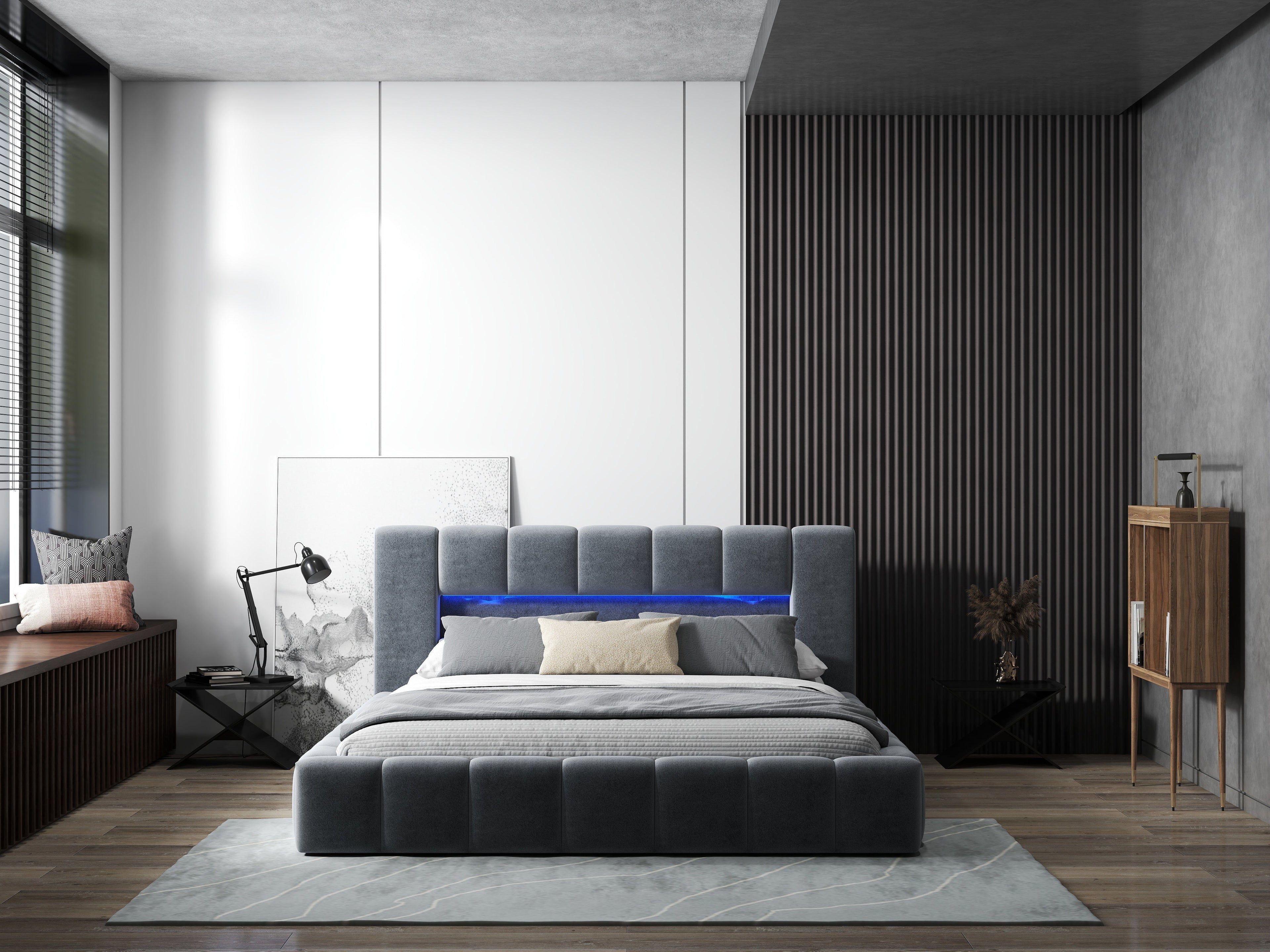 Pat dormitor dumonde, tapitat gri cu LED si USB, Palermo 180x200 cm, somiera rabatabila inclusa, spatiu depozitare