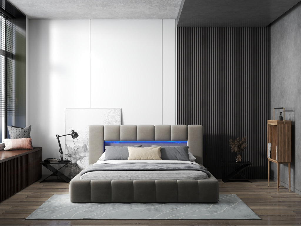 Pat dormitor dumonde, tapitat bej cu LED si USB, Palermo 180x200 cm, somiera rabatabila inclusa, spatiu depozitare
