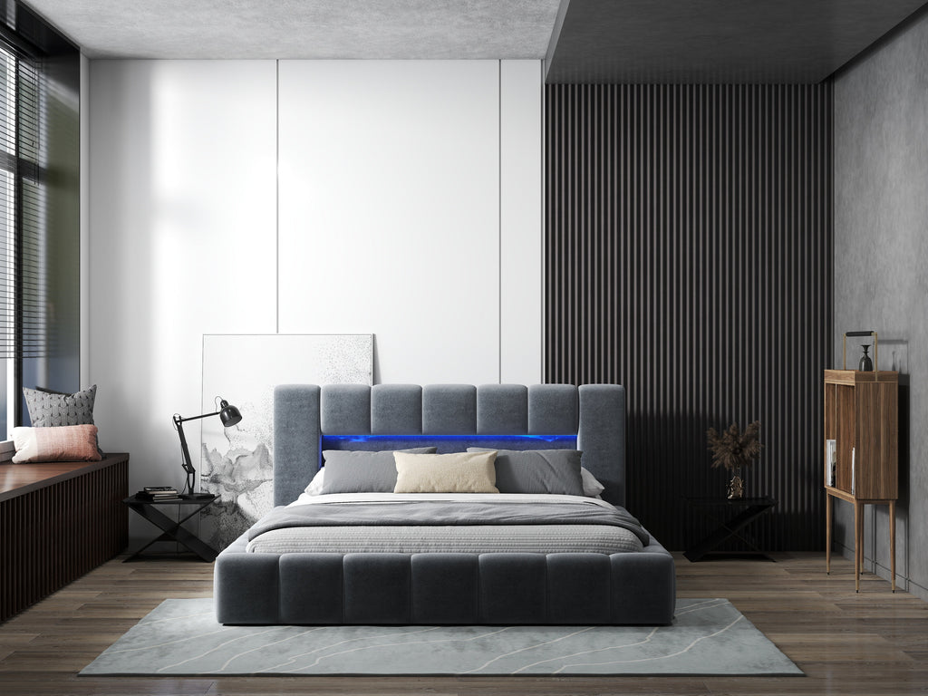 Pat dormitor dumonde, tapitat gri cu LED si USB, Palermo 140x200 cm, somiera rabatabila inclusa, spatiu depozitare