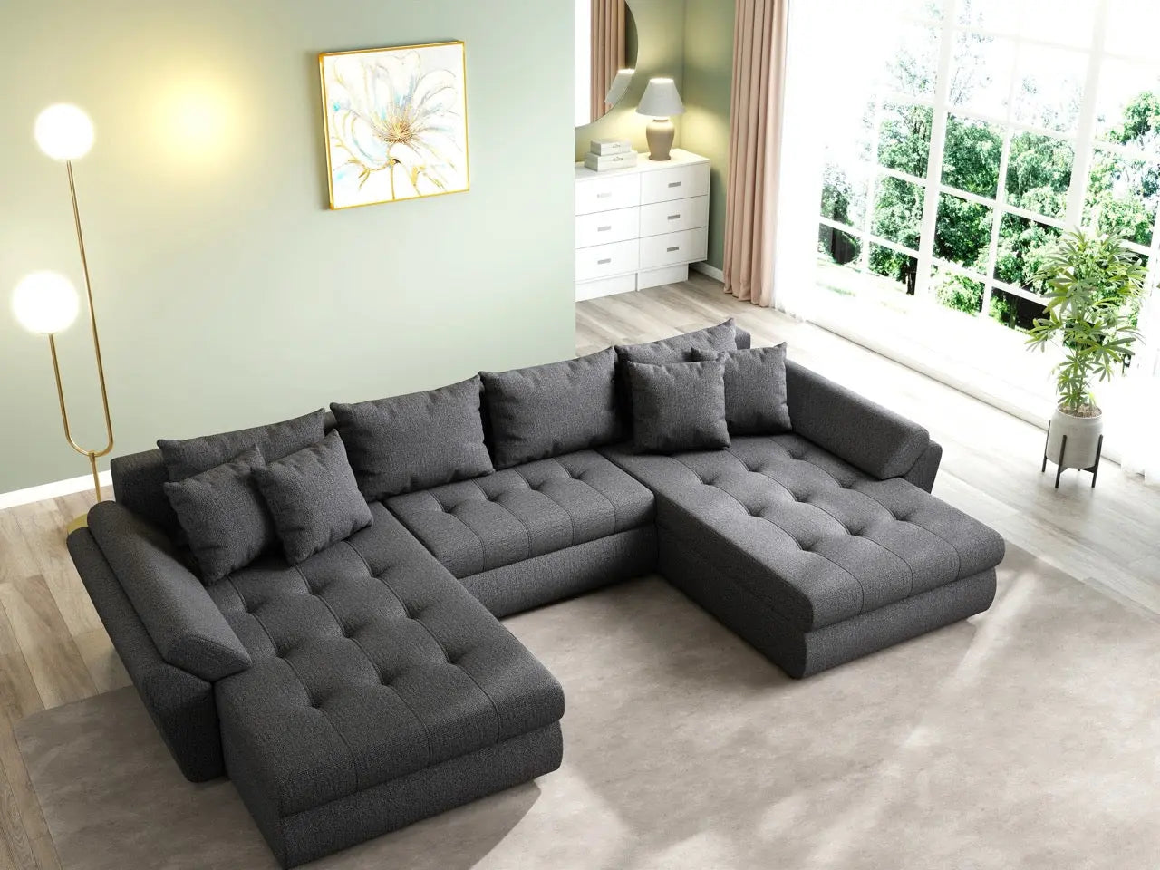 Colțar extensibil dumonde cu ladă de depozitare si sezut confortabil din spuma high-density, Loana U Enjoy Grafit 355x185 cm