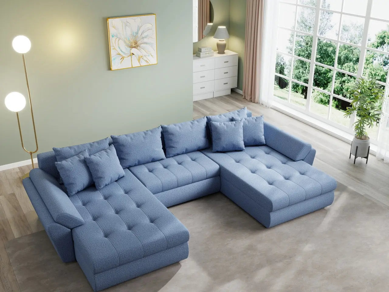 Colțar extensibil  dumonde cu ladă de depozitare si sezut confortabil din spuma high-density, Loana U Enjoy Blue 355x185 cm
