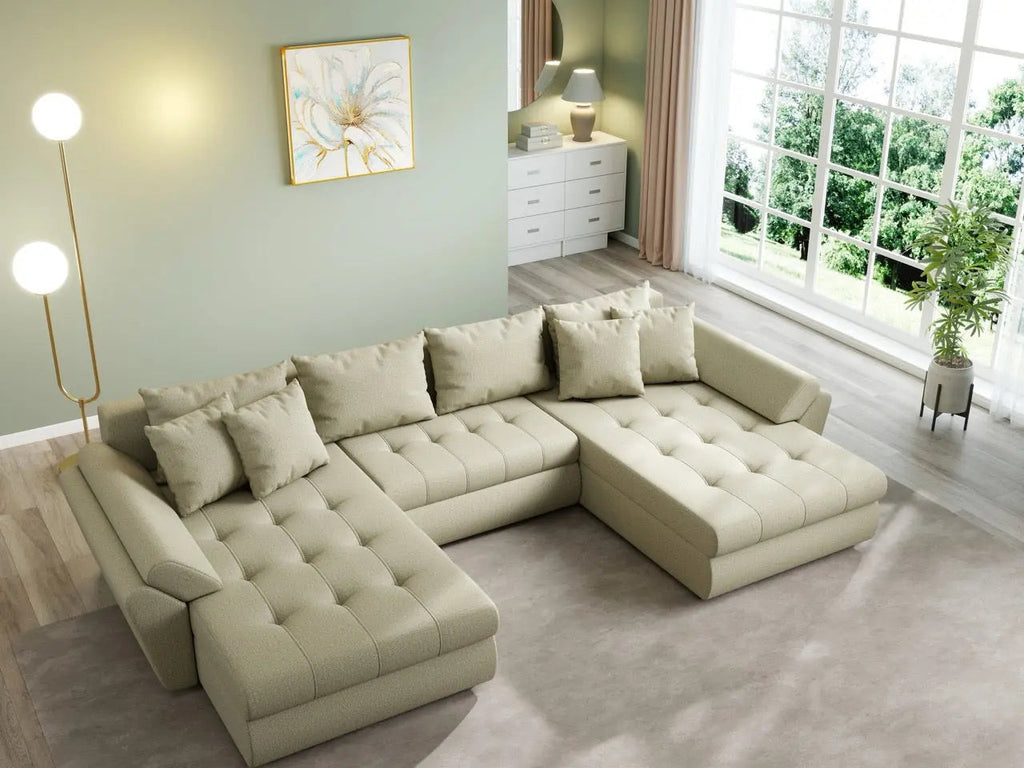 Colțar extensibil dumonde cu ladă de depozitare si sezut confortabil din spuma high-density, Loana U Enjoy Camel 355x185 cm