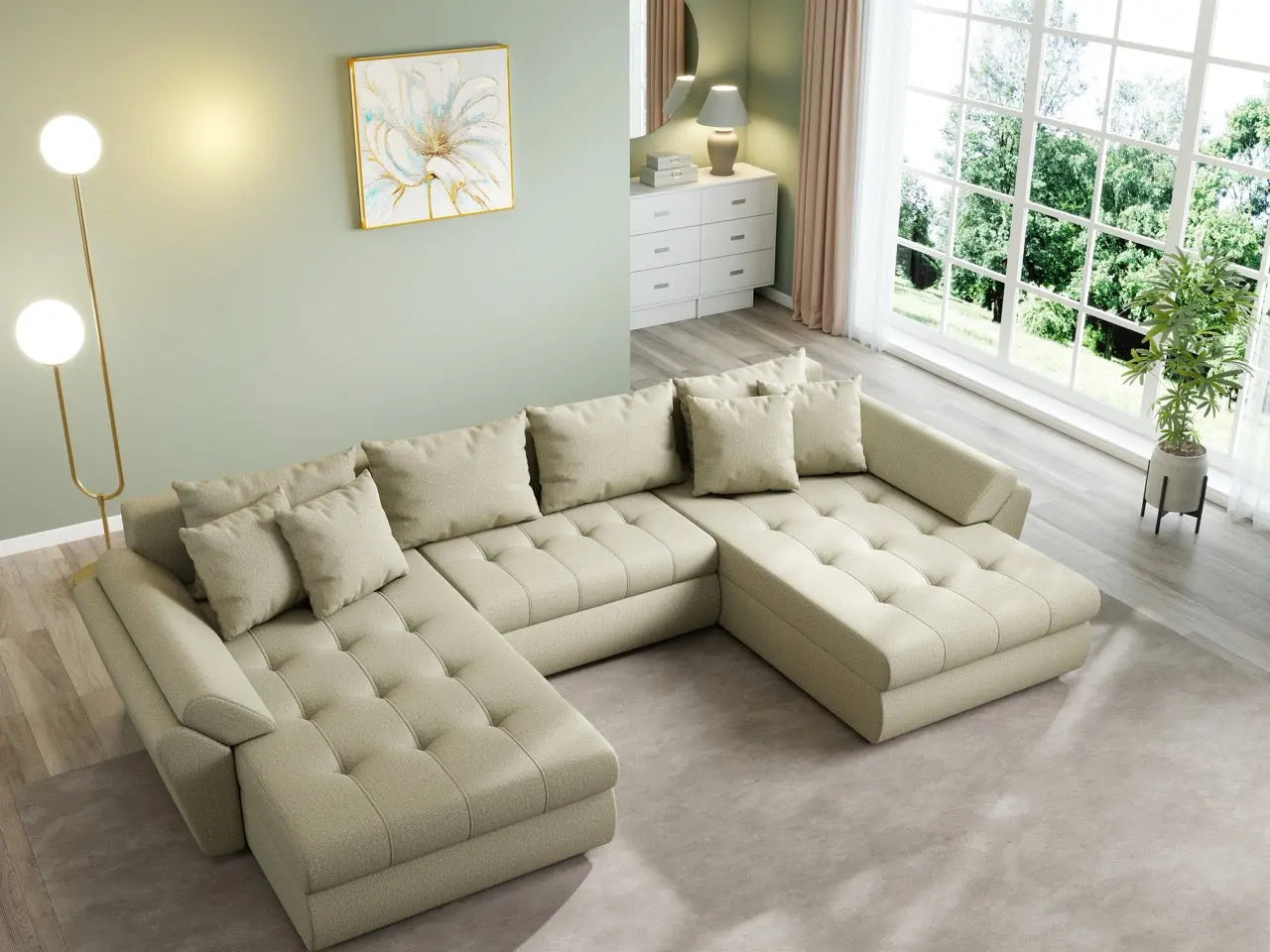 Colțar extensibil dumonde cu ladă de depozitare si sezut confortabil din spuma high-density, Loana U Enjoy Camel 355x185 cm