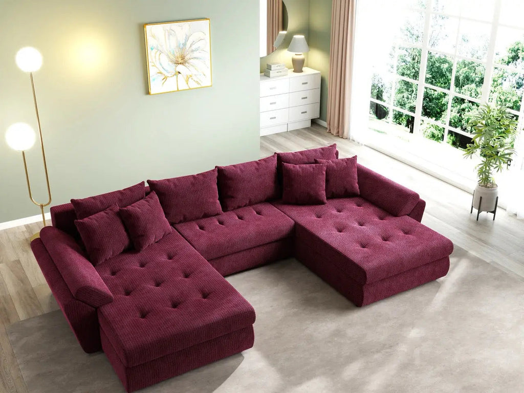 Colțar extensibil dumonde cu ladă de depozitare si sezut confortabil din spuma high-density, Loana U Zoom Red 355x185 cm