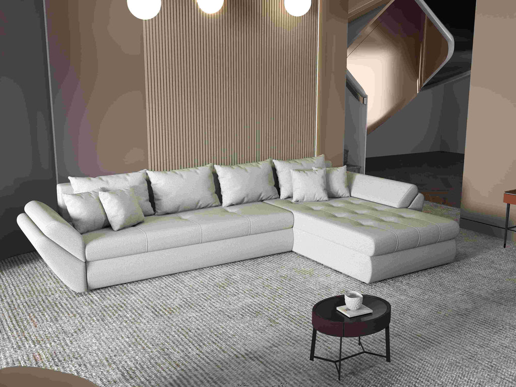 Colțar extensibil dumonde cu ladă de depozitare si sezut confortabil din spuma high-density, Loana XL Enjoy Beige II 335x185 cm