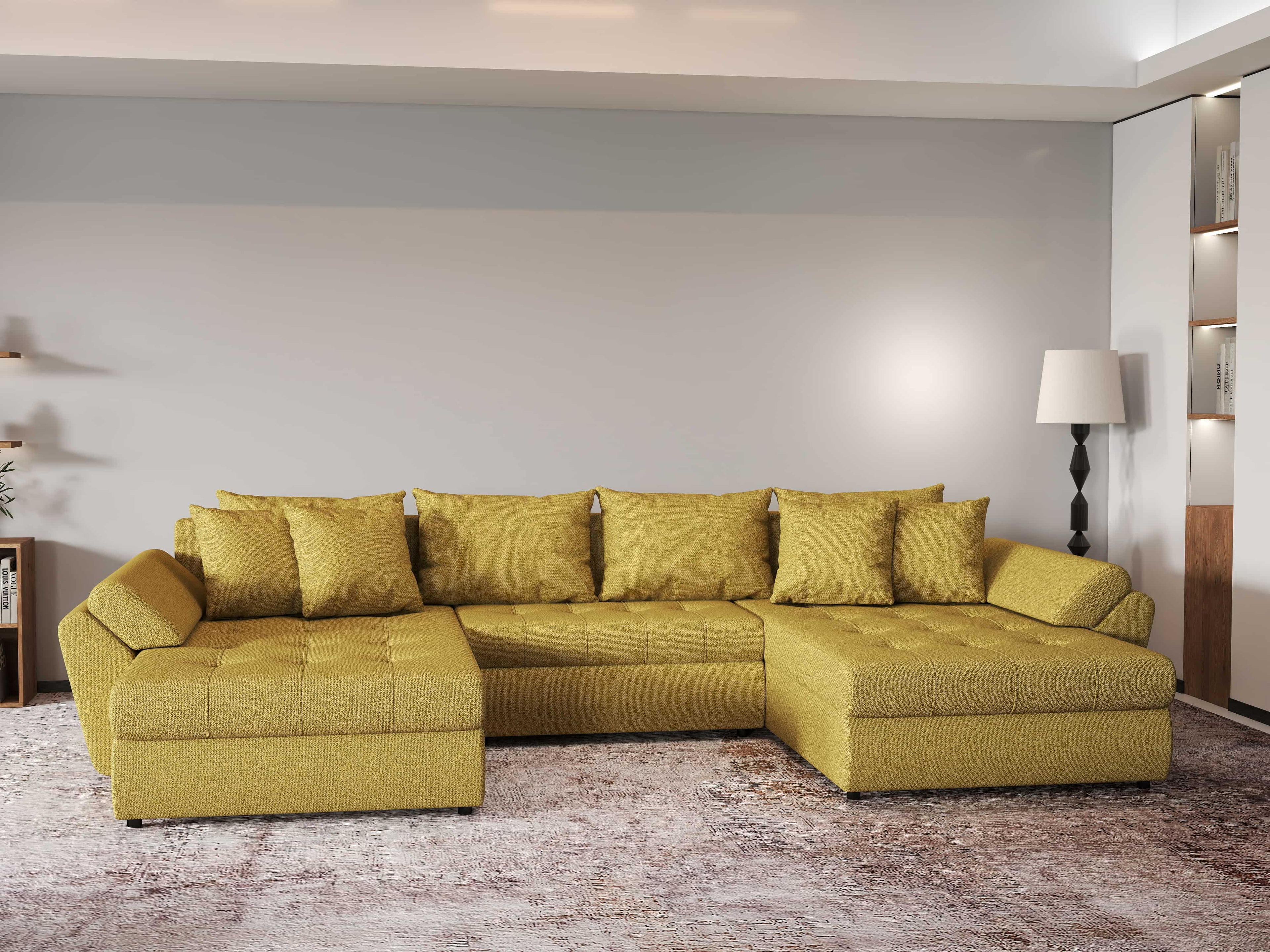 Colțar extensibil dumonde cu ladă de depozitare si sezut confortabil din spuma high-density, Loana U Enjoy Melon 355x185 cm