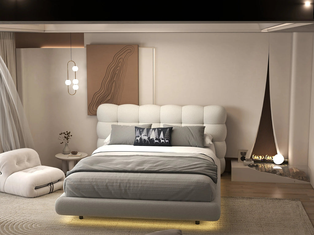 Pat dormitor dumonde, tapitat alb cu LED, "floating bed" Cloud 140x200 cm, somiera inclusa