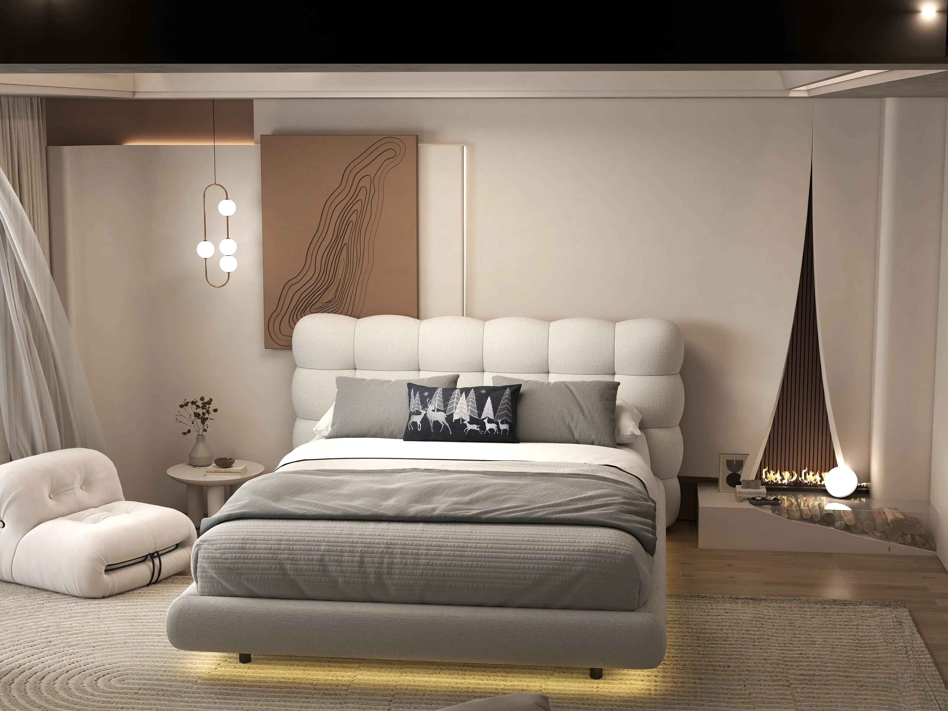 Pat dormitor dumonde, tapitat alb cu LED, "floating bed" Cloud 140x200 cm, somiera inclusa