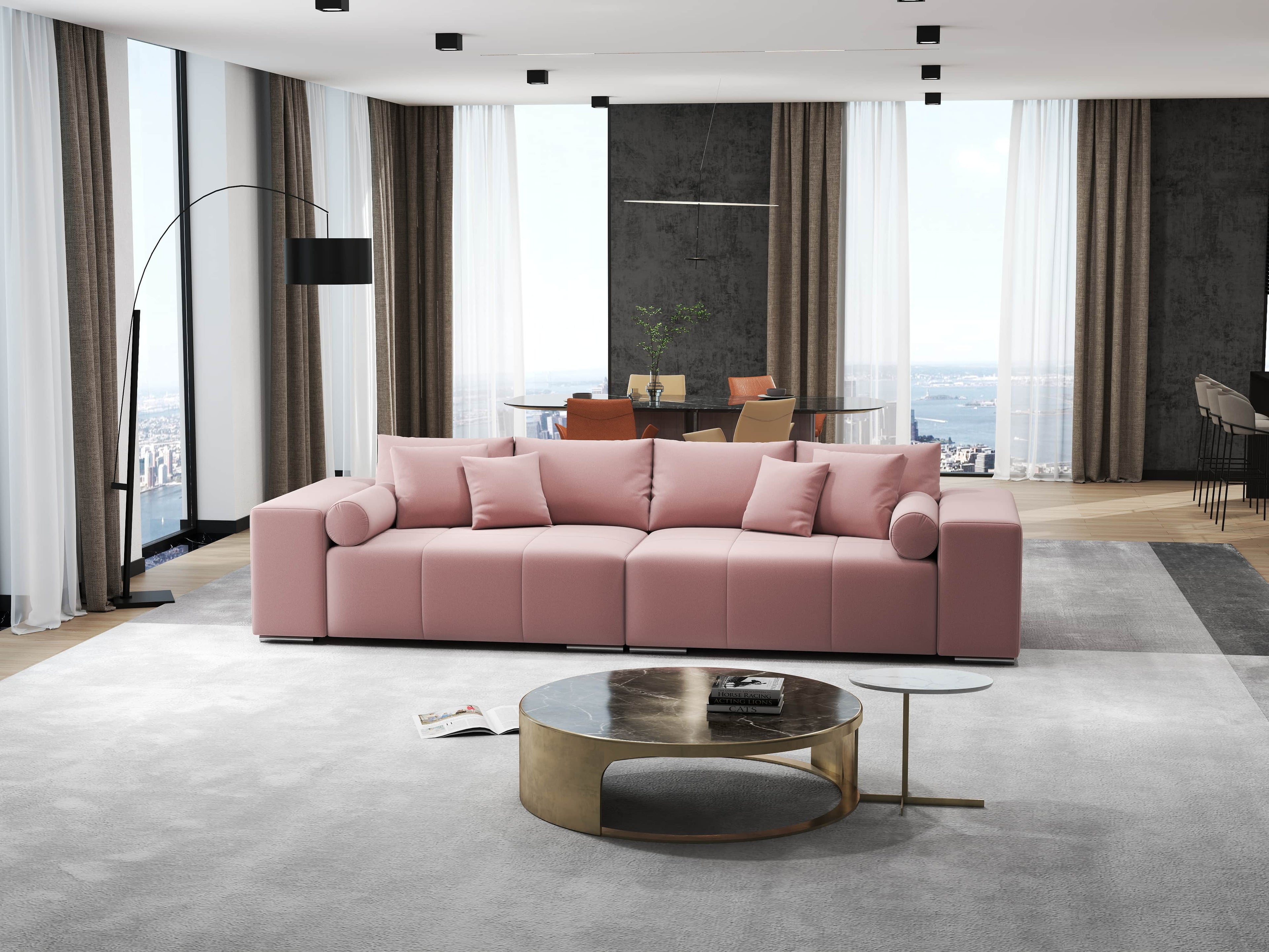 Canapea extensibilă dumonde cu ladă de depozitare si sezut confortabil din spuma high-density, Marbela Royal Roz XXL 295x100 cm