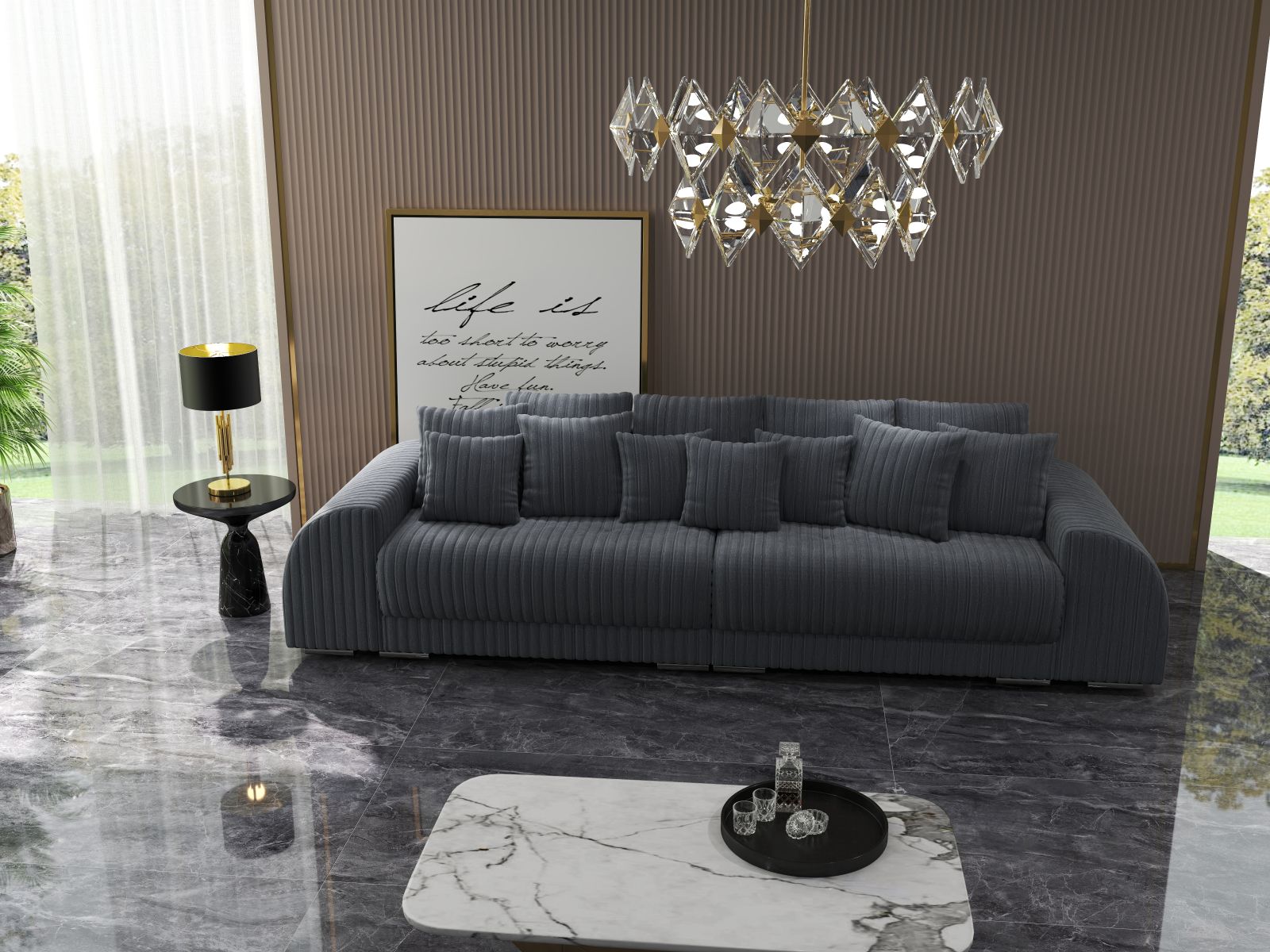 Canapea extensibilă dumonde cu 2 lăzi de depozitare si sezut confortabil din spuma high-density, Verona Ambience Grey 310x100 cm