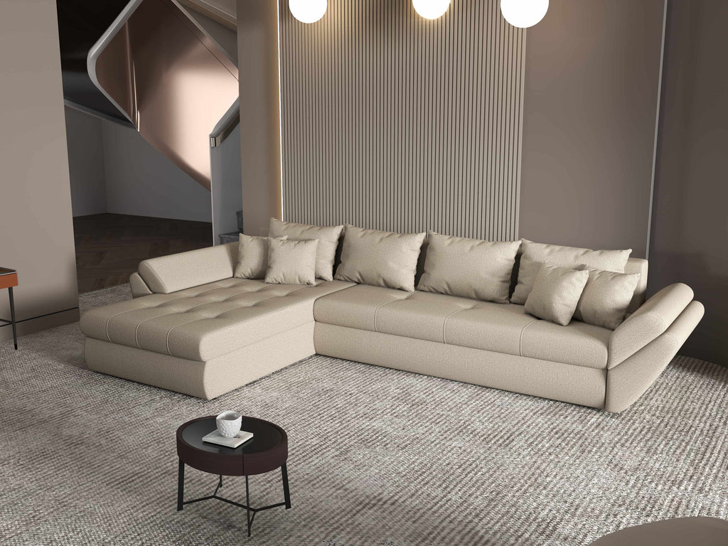 Colțar extensibil dumonde cu ladă de depozitare si sezut confortabil din spuma high-density, Loana XL Enjoy Camel 335x185 cm