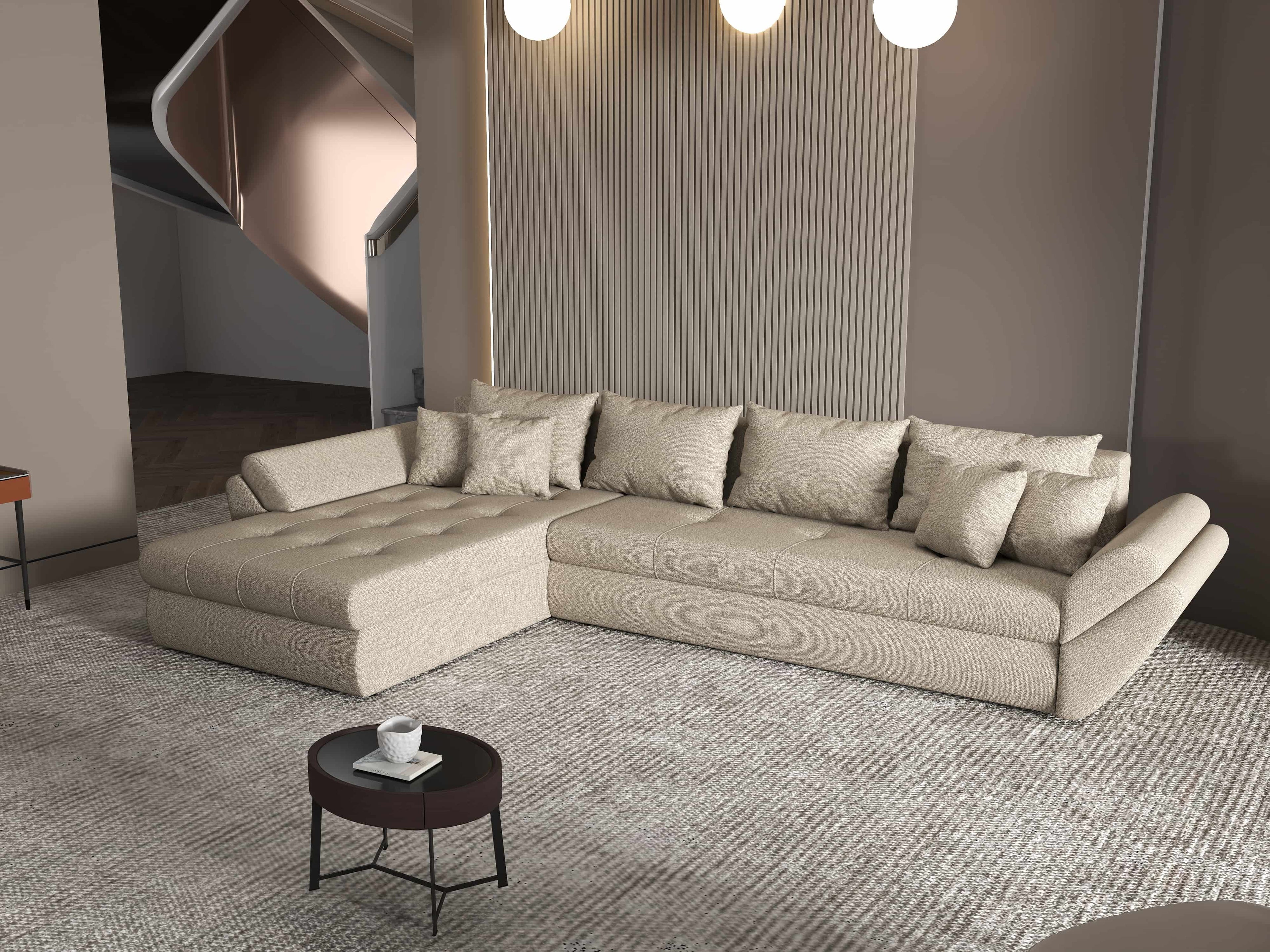 Colțar extensibil dumonde cu ladă de depozitare si sezut confortabil din spuma high-density, Loana XL Enjoy Camel 335x185 cm