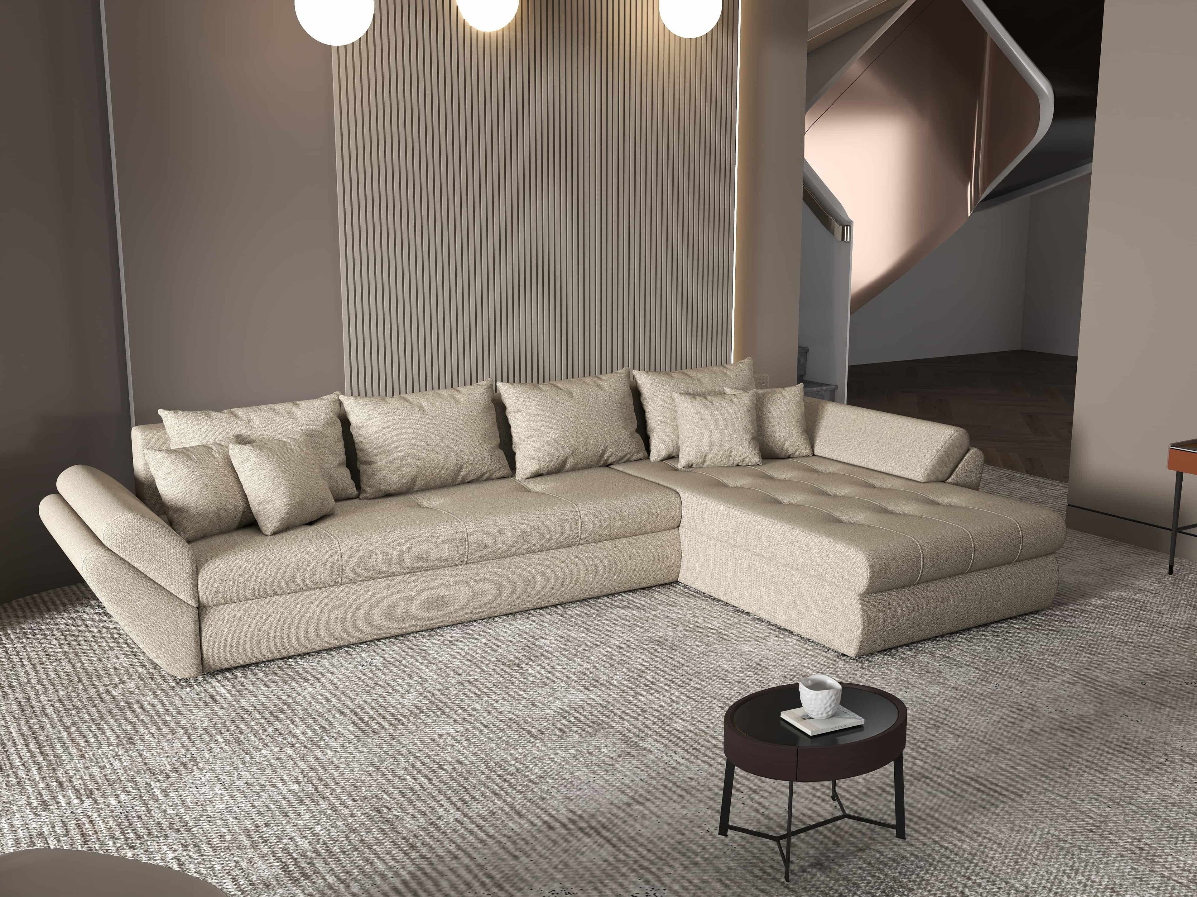 Colțar extensibil dumonde cu ladă de depozitare si sezut confortabil din spuma high-density, Loana XL Enjoy Camel II 335x185 cm