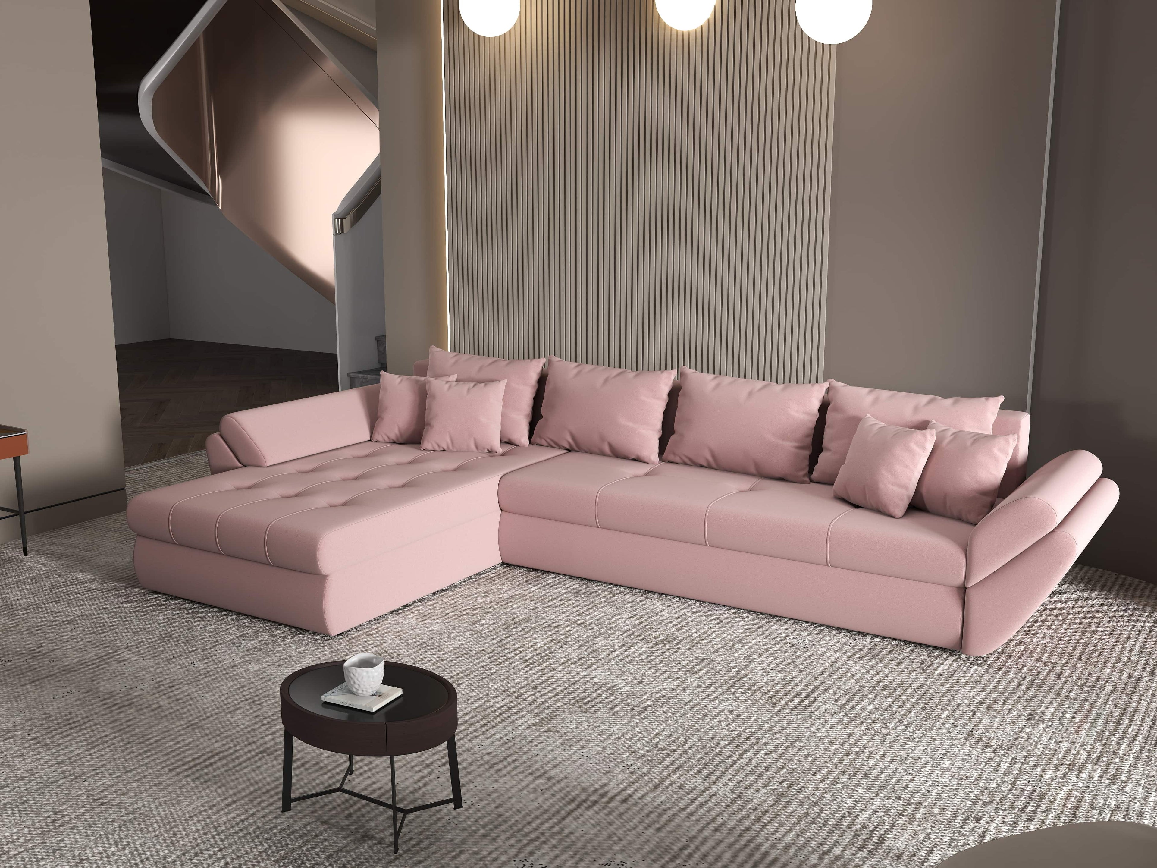 Colțar extensibil dumonde cu ladă de depozitare si sezut confortabil din spuma high-density, Loana XL Royal Roz 335x185 cm