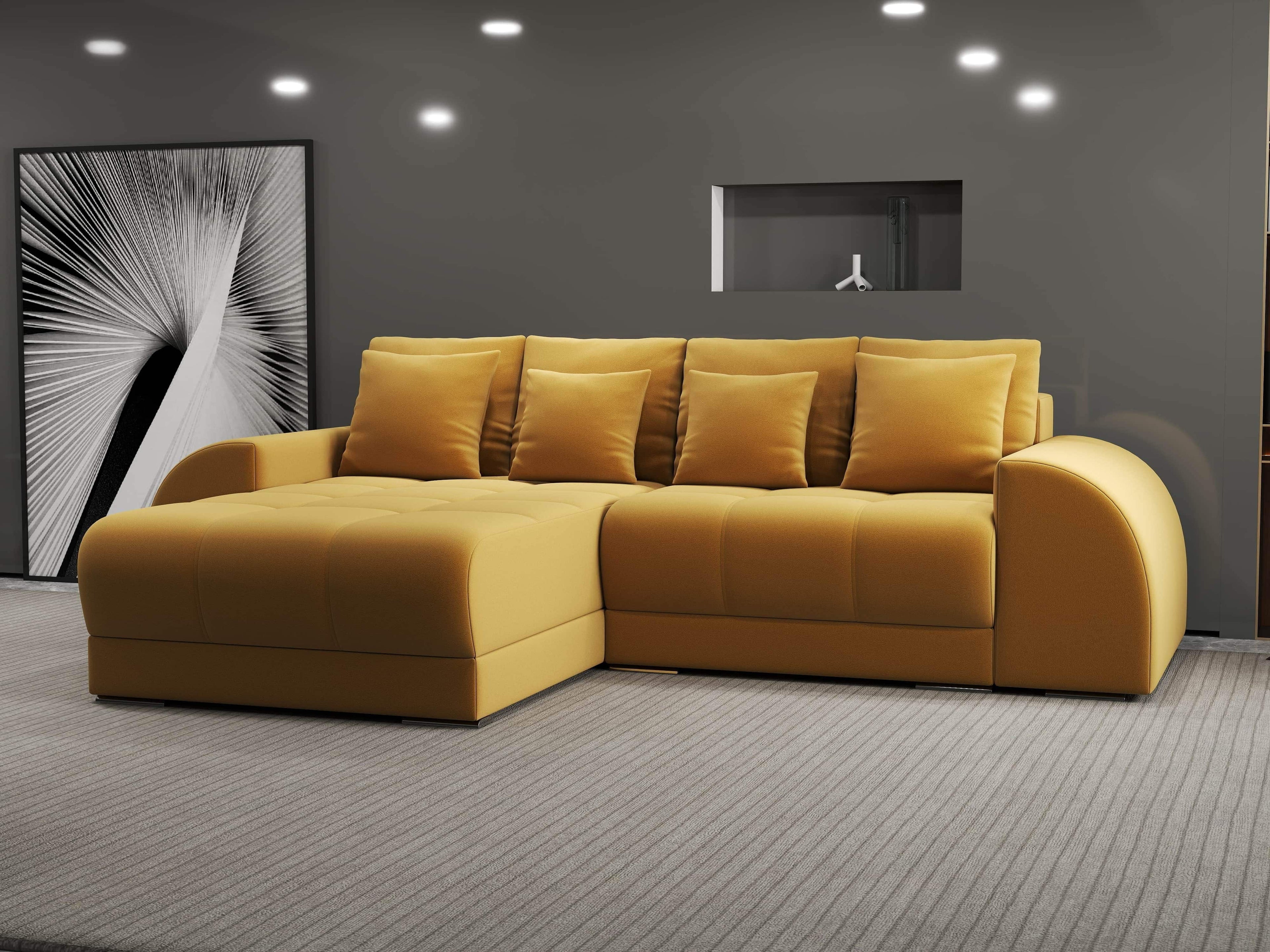 Colțar extensibil dumonde cu ladă de depozitare si sezut confortabil din spuma high-density, Verona Royal Mustar 290x185 cm