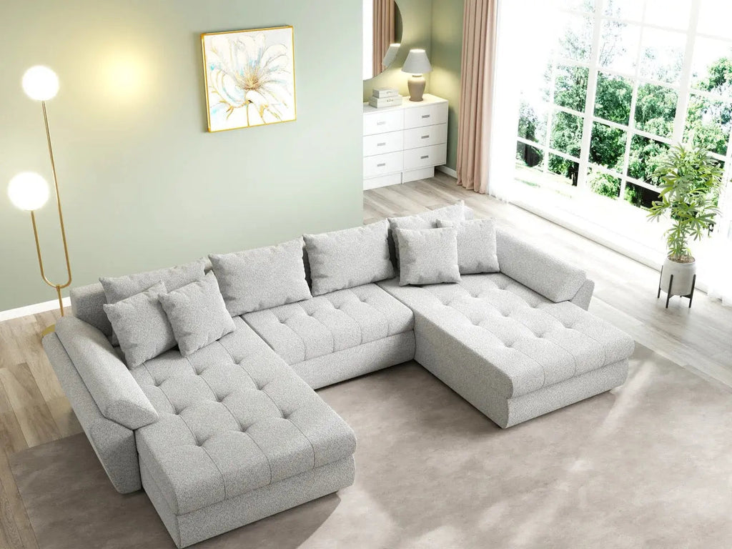 Colțar extensibil dumonde cu ladă de depozitare si sezut confortabil din spuma high-density, Loana U Euphoria Dove 355x185 cm