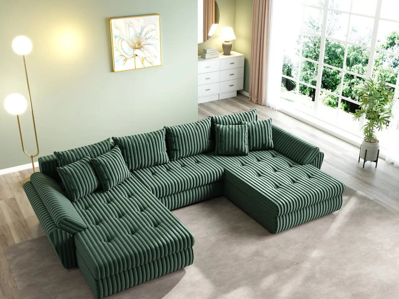 Colțar extensibil dumonde cu ladă de depozitare si sezut confortabil din spuma high-density, Loana U Ambience Green 355x185 cm